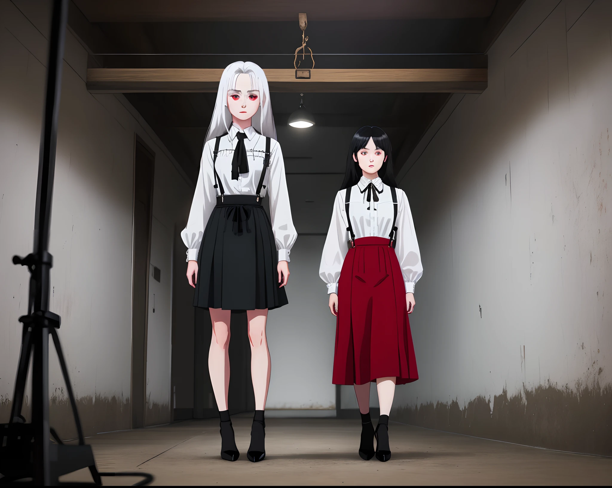 Standing on the gallows,In a white blouse shirt,With a black tie,Wearing a black hip skirt,Suspenders, lace, black silk and black heels,White hair and red eyes,Long hair and waist