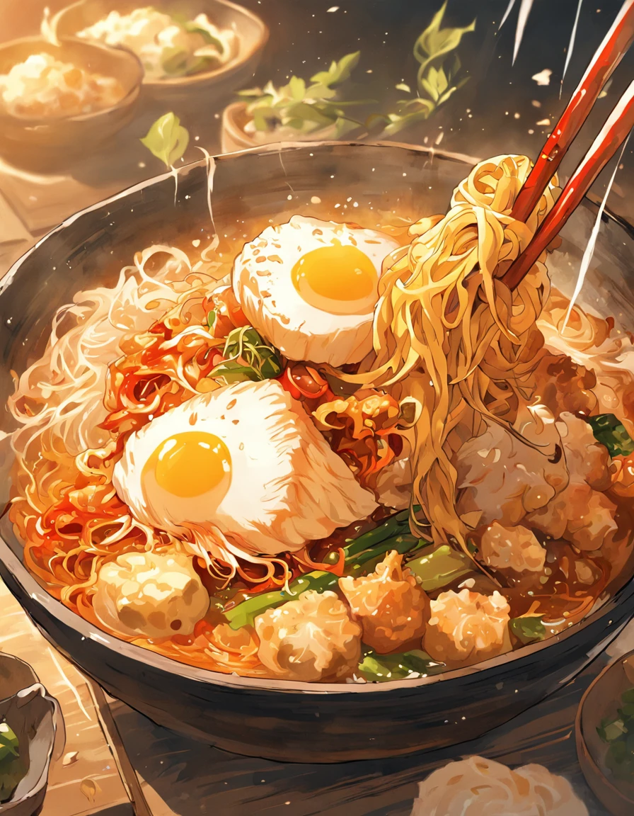 Delicious and tempting spicy noodles,Fresh vegetables are plentiful,The poached egg aroma is overflowing,The brown conch is delicious and delicious,Pepper has a strong flavor,The yellow bamboo shoots are crispy and delicious,The fungus has a delicate taste,Tofu has a good aftertaste,The noodles picked up by chopsticks are fragrant。illustration