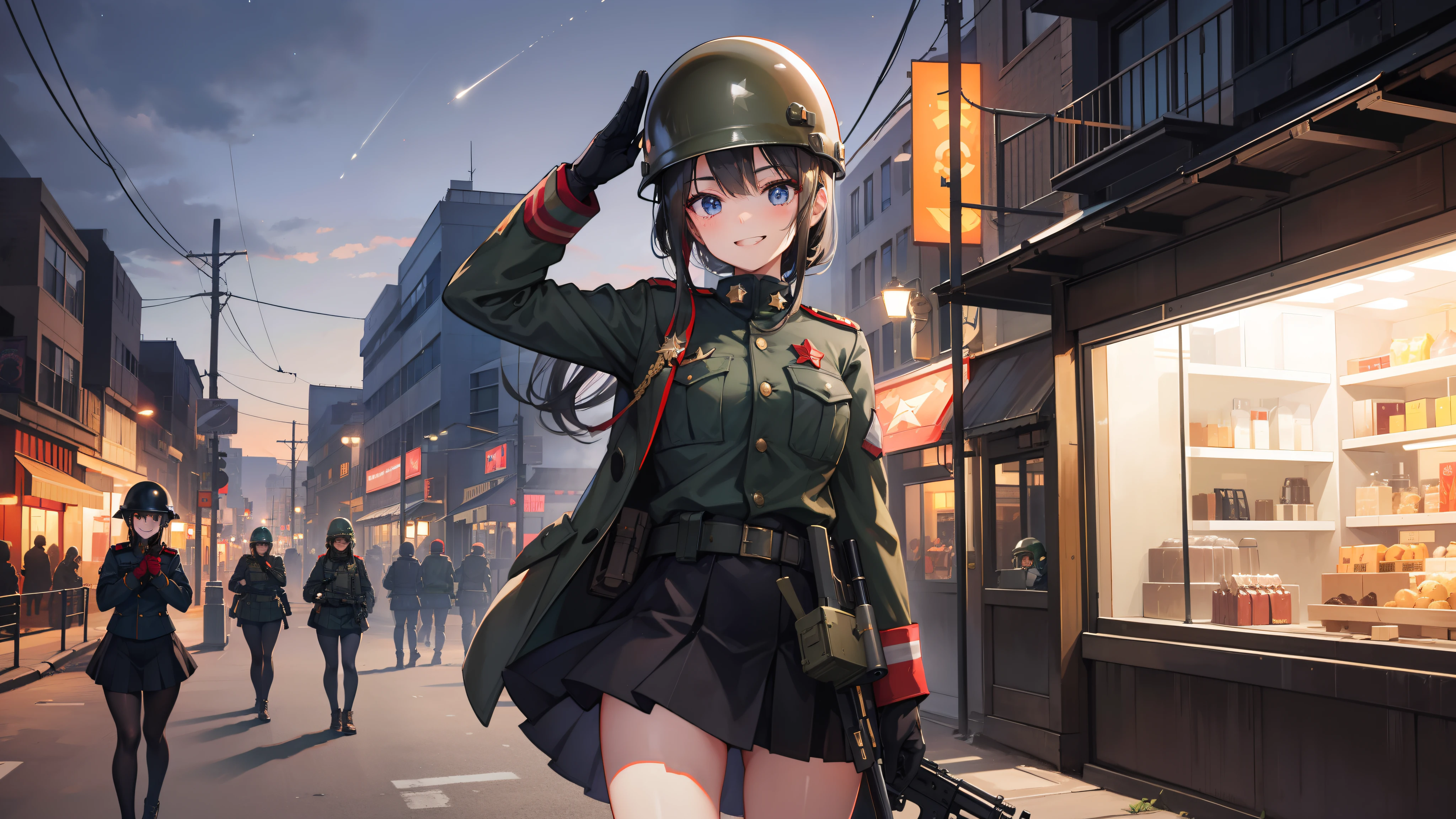 A girl in military uniform,Gun in hand,grinning smile,Shy,Warm street lights,down town,Superskirt,saluting,Wear a steel helmet,The steel helmet has a solid red five-pointed star,Long legs are exposed,Shooting stars dart across the sky
