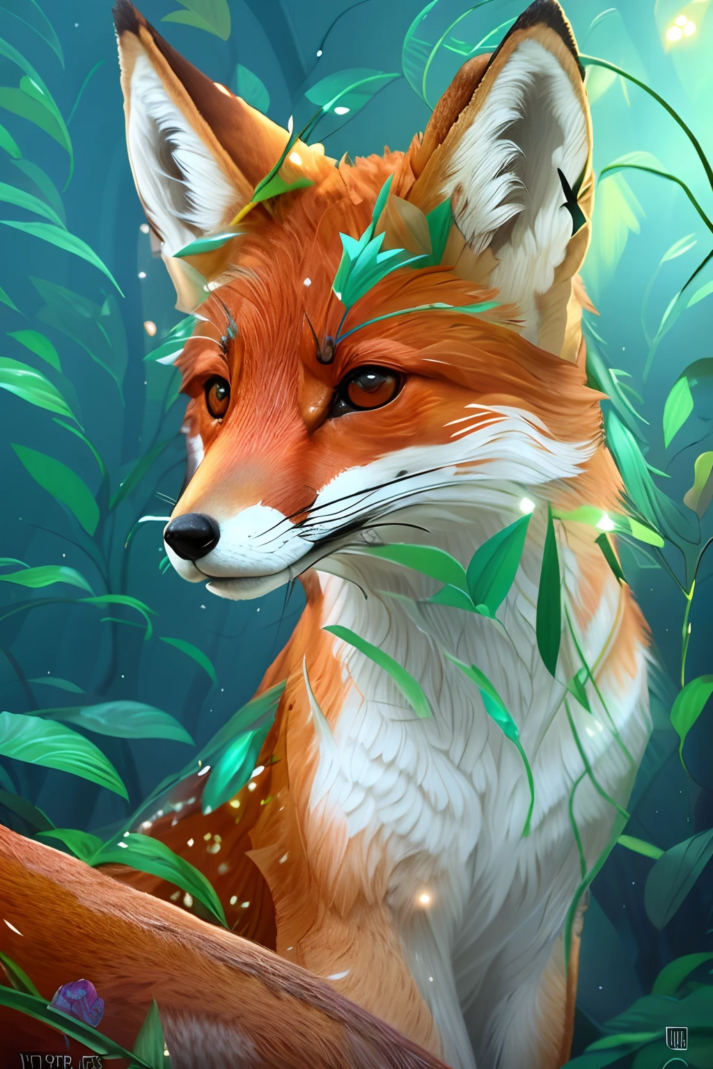 um close up de uma raposa com uma cauda brilhante em uma floresta, ethereal fox, raposa digital, arte digital animal foto, Retrato de uma raposa antro, fantasia raposa amor, raposa verde digital, stunning digital illustration, arte digital detalhada bonito, arte fantasia behance, 8k arte detalhada de alta qualidade, bela arte digital, Arte digital alucinante, arte de fantasia digital 3d