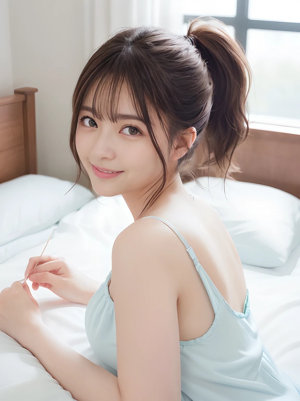 ​masterpiece, top-quality, Official Art, (Highly detailed CG Unity 8k wallpapers), 细致背景, (Hand by Guido Daniel: 1.1), foot out of frame, One-person viewpoint, 1, Attractive and perfect beautiful woman, on the beds、Prone、back turned、(Curvaceous), (((sleepy: 1.14))), (((stick out buttocks)))、(s Pajamas、nightgown、undergarment, white thighhig: 1.12)、(Brown ponytail:1.12)、(Ahoge:1.13)、(High ponytail:1.12)、(verd s eyes:1.13)、Look at the viewer、maior、(cleavage of the breast)、beautiful countenance、(red blush:1.11)、(a smile:1.11)
