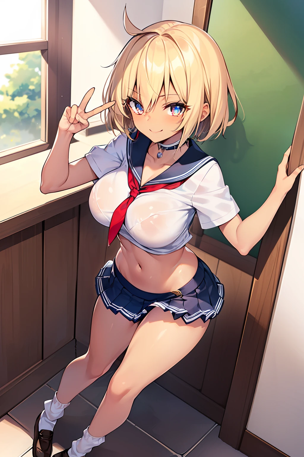 1girl in, Solo, Perfect body, (super detail:1.1), (best quality:1.1), Cute Girl, (gals:1.5), (White school uniform:1.2), (tiered layers skirt:1.4), Lolita, very large breast, (a blond:1.2), (short hair, spiked hair:1.2), Black Ribbon Hair Fastening, (very long eyelashes:1.2), (sharp eye:1.1), (Sanpaku eyes:1.1), (Standing Picture:1.1) , (Seductive smile:1.4), Fine-grained skin, (a choker:1.1), View of the valley, Navel Ejection, a belt on the thighhigh, Sapphire Eye, Shining eyes, (NSFW:0.8), 8K, Skinny Legs, schools, full body, is standing, (dark skin:1.3), thin constricted waist, (peace sign:1.1), (White socks with loose slack:1.5),