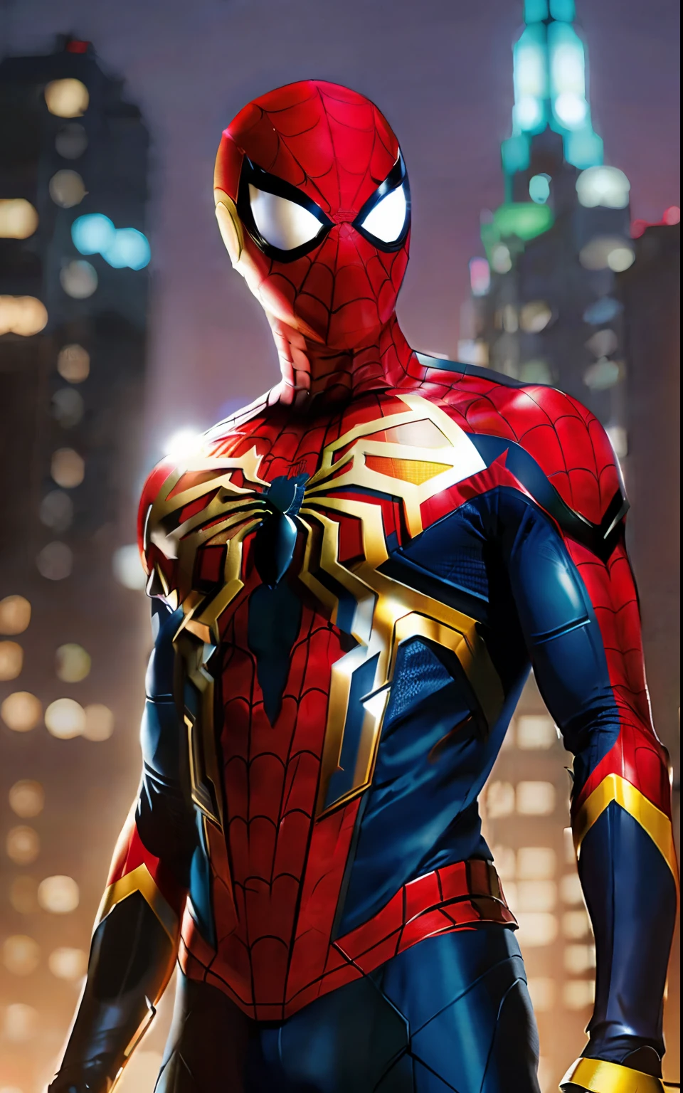 Spider - Homem de terno fica em frente a um horizonte da cidade, tecido granulado, hero pose colorful city lighting, Retrato do Homem-Aranha, Aranha altamente detalhada - Man, papel de parede 4k, papel de parede 4K, hq 4k papel de parede, Estilo futurista Homem-Aranha, Pedro Parker, Homem-Aranha, aranha - homem, super detailed rendering, paper awesome wallpaper, foto de retrato, Peter Parker como Homem-Aranha