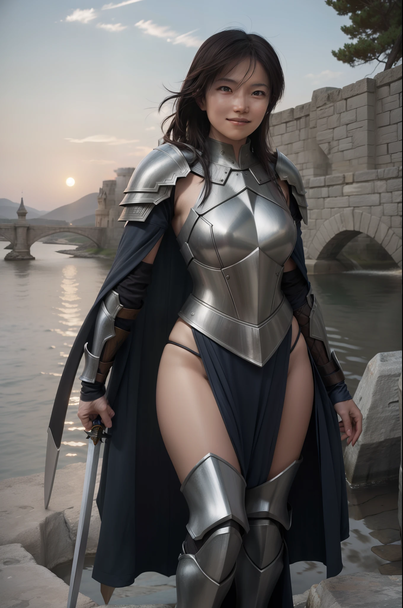 the intense, Close-up depiction of a woman in broken knightly armor. She is standing on a stone bridge, Towering high、Behind her and the ramparts. In her hand, she holds a sword, Its edges shine softly, Fade light of sunset. Her face is resolute, Show the strength and courage in her. Intricate details of armor, castle, And the sword gives the scene realism, Realistic quality. smile for camera