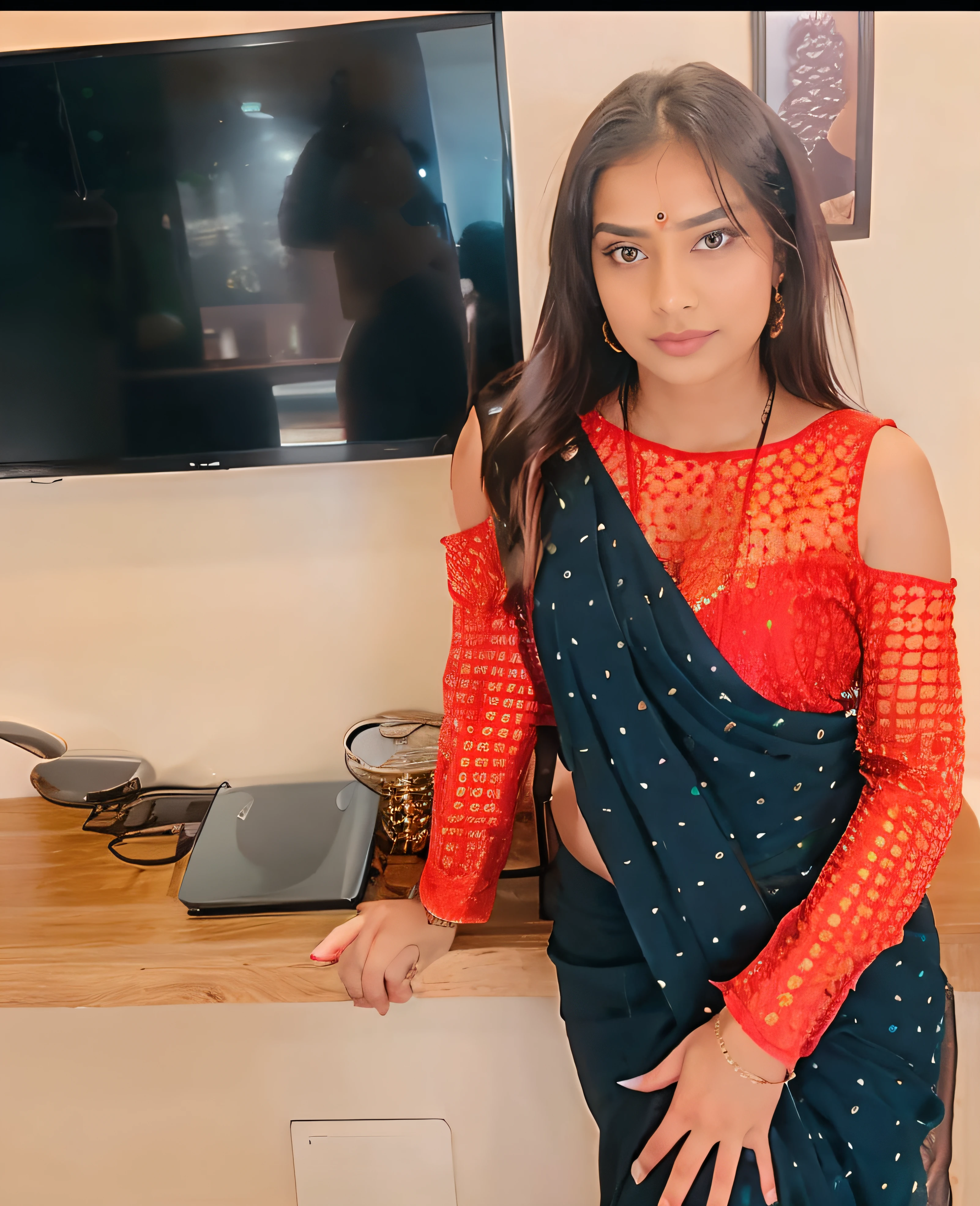 Indian girl age around 30-40, body type Hourglass, wearing saree