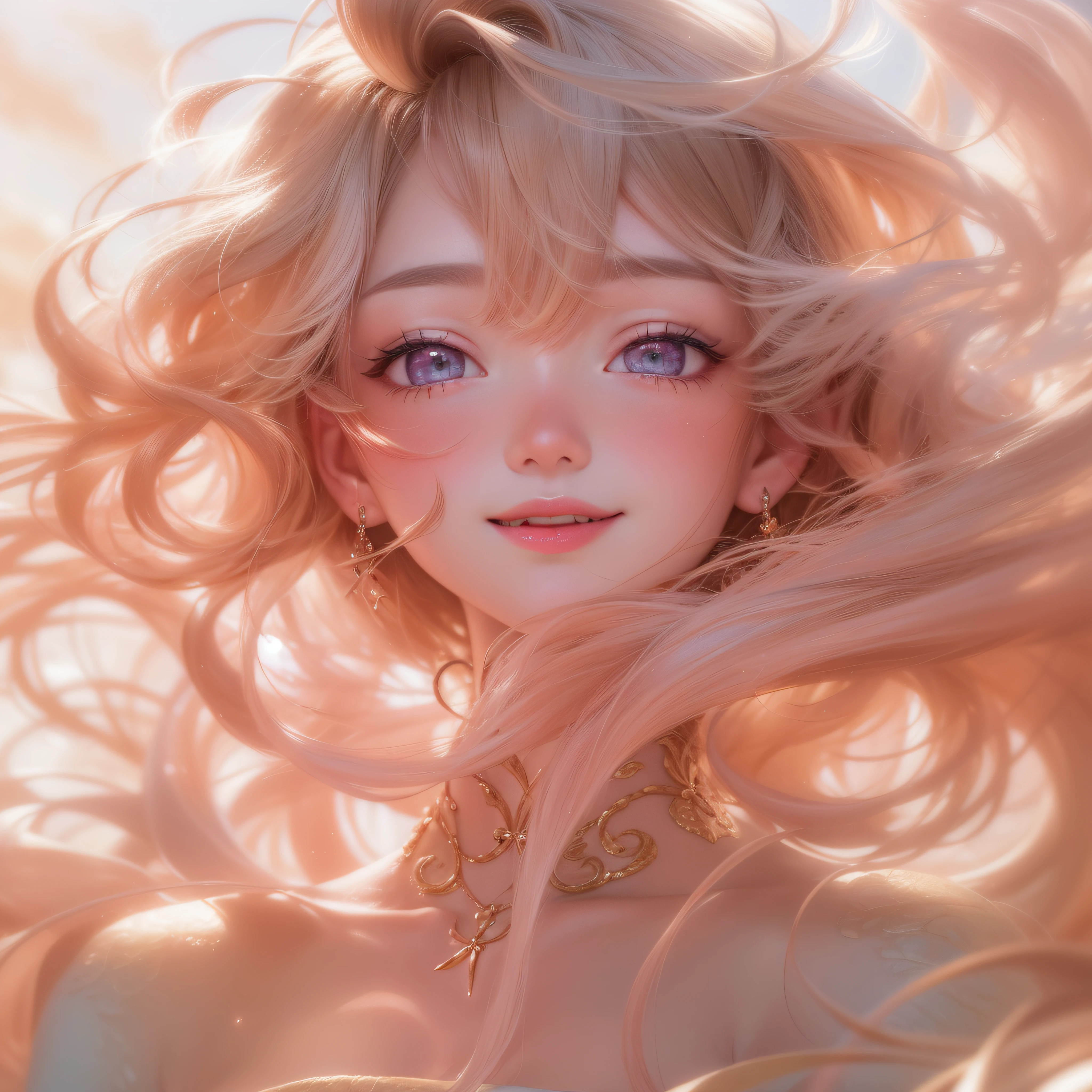 Close up of smiling face with open mouth、(realisitic、hight resolution)、(1 girl in)、Do-Up Eye、Korean Girl、(Best Quality), (masutepiece), (1girl in), Solo, a beauty girl, Perfect face, Big Breast,dreamlikeart、Highly detailed airbrush art((Surreal))、Volumetric lighting、(top-quality)、The ultra-detailliert、(The composition of the movement:1.4)、Highly detailed colorful details、(Bright lighting)、dynamic compositions、Ray traching、The mirror reflects light、Shallow depth of field、ultra-detailliert、mixing  exposure、nffsw、Her eyes are glowing pink、Staring at the pink sea。Her pink face is full of anticipation and courage for adventure.、A smile appears on her pink lips。 At the rear、The sun is slowly tilting to the west。Its light brings pink light to the surface of the sea、The swaying waves create a beautiful scene。Her eyes are clearly glowing pink。Lots of pink