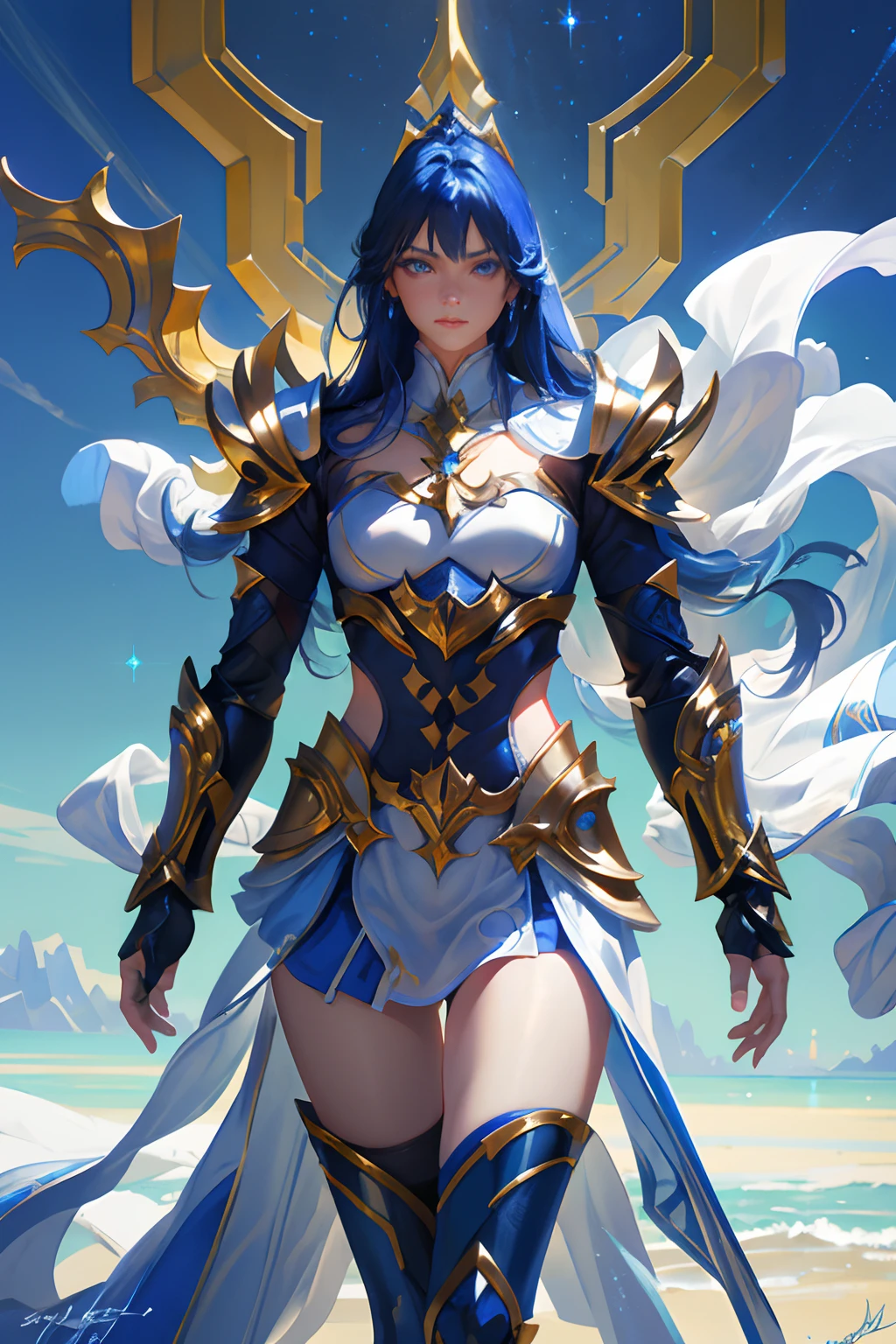 A beautiful woman, ((( moon mecha, moon armor))), ((perfect body figure, beautiful face, beautiful face, milf, age 46, royal, soft blue color hair, ponytail hair style, beautiful skin, Extremely details hair, fine details)), (((cinematic lighting, beautiful lighting effect, creative design, full body frame, divine aura, hard harmony , shining moonlight, perfect color transition, perfect balance of contrast, perfect color layer, perfectly smooth color blur, soft rendering, smooth color stroke, moon glare, optic lens, moonlight ray, soft colors, smooth colors blend, perfect color rendering, harmony, perfect color harmony, beautiful color, soft harmony, light particles, perfect details, intricate details, color prism, fine details, refine details))), Tachibana Omina art style, affectionate eyes, half a smile, slightly open mouth, a gentle expression on his face, top of mountain, breeze and moonlight in the background, butterflies in the sky, realism, ((Best quality))),8k,((Masterpiece)),(Extremely refined and beautiful)