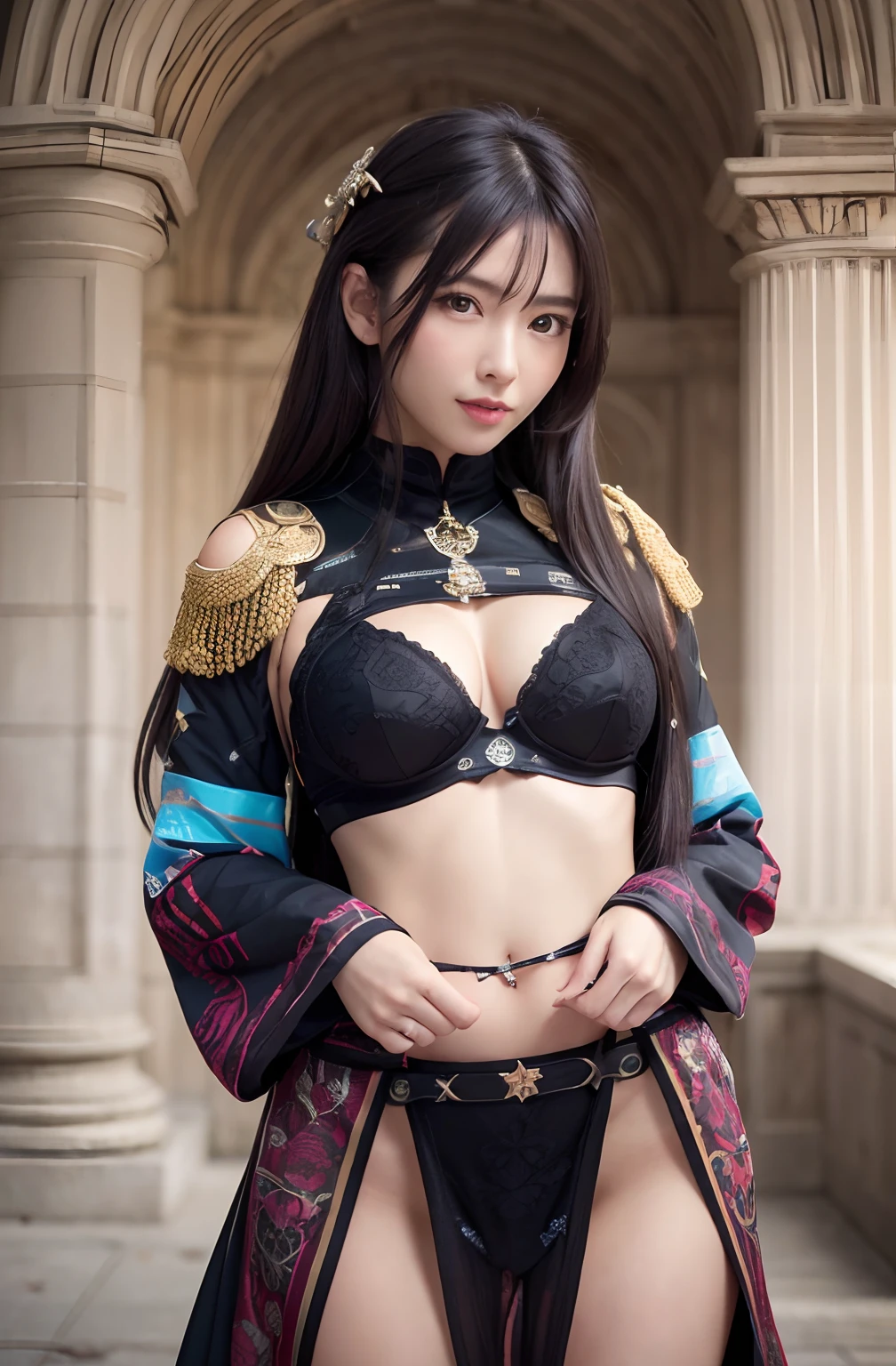 (8K, Photorealistic, RAW photo, Top quality: 1.4), (1girll), Super beautiful, (Realistic face), (Feminine, Long jet-black hair), Beautiful adventurer set, Glare tempts the audience, Beautiful expression, Beautiful breasts, (Realistic skin), Beautiful smile, (soldier), Attractive, 超高分辨率, Ultra photo realsisim, High definition, Spoiled