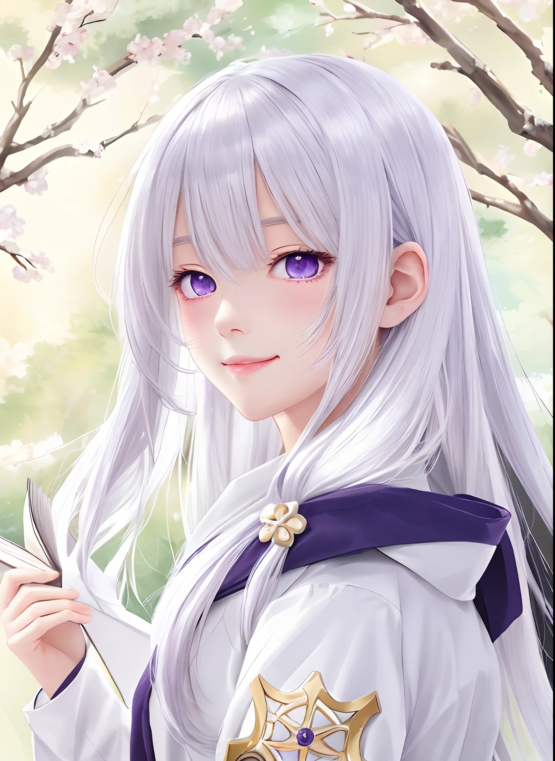 Holding a book, clean detailed anime art, anime moe art style, perfect white hair girl, white hair girl, cute girl with anime visuals, masterpiece, best quality, 1 girl, elaina, whiter_style_costume, daily_costume, purple eyes, long hair, white shirt, white coat, purple eyes, bangs, hair between the eyes, light blush, smile, brooch, plum blossom, dull hair
