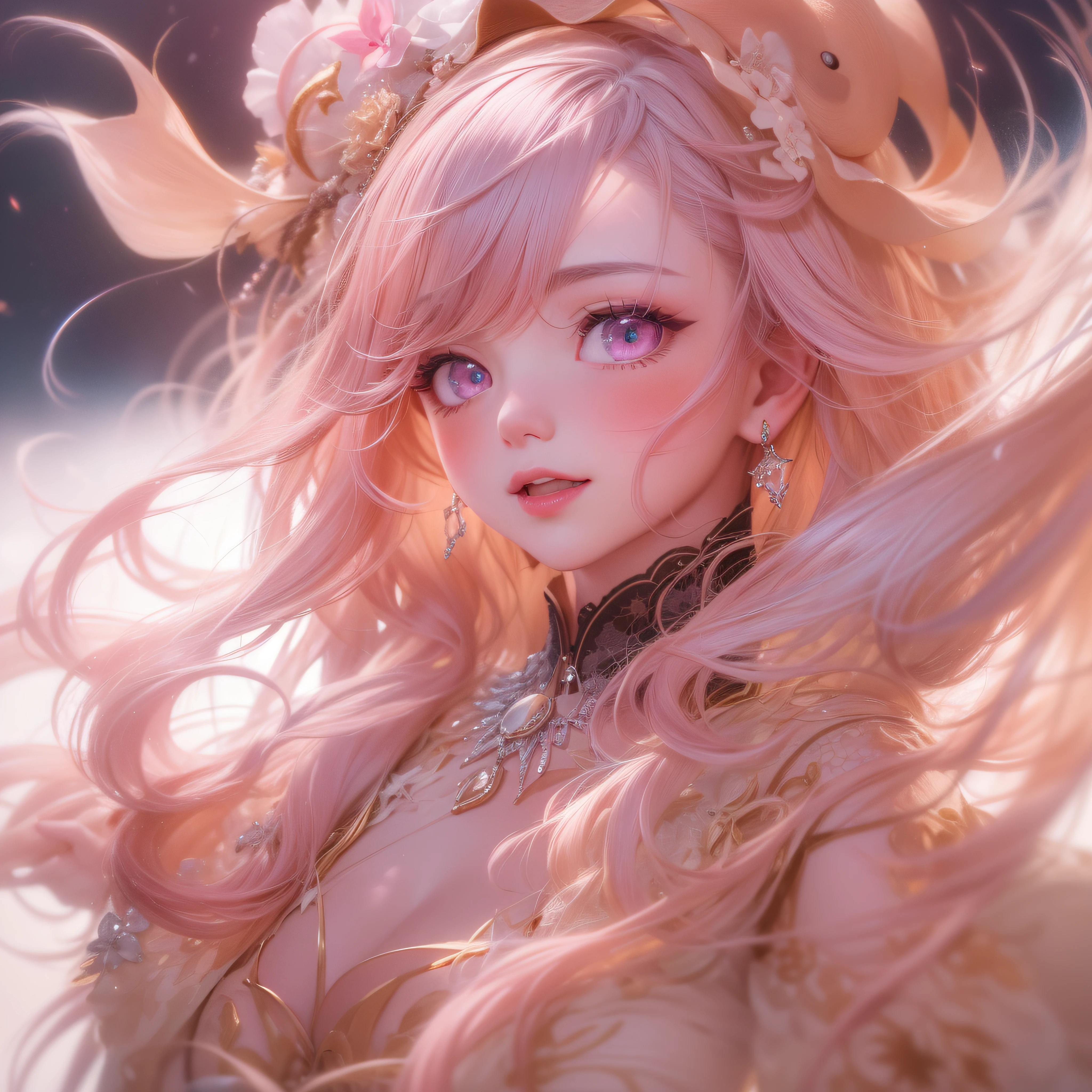 Close up of smiling face with open mouth、(realisitic、hight resolution)、(1 girl in)、Do-Up Eye、Korean Girl、(Best Quality), (masutepiece), (1girl in), Solo, a beauty girl, Perfect face, Big Breast,dreamlikeart、Highly detailed airbrush art((Surreal))、Volumetric lighting、(top-quality)、The ultra-detailliert、(The composition of the movement:1.4)、Highly detailed colorful details、(Bright lighting)、dynamic compositions、Ray traching、The mirror reflects light、Shallow depth of field、ultra-detailliert、mixing exposure、nffsw、Her eyes are glowing pink、Staring at the pink sea。Her pink face is full of anticipation and courage for adventure.、A smile appears on her pink lips。 At the rear、The sun is slowly tilting to the west。Its light brings pink light to the surface of the sea、The swaying waves create a beautiful scene。Her eyes are clearly glowing pink。Lots of pink