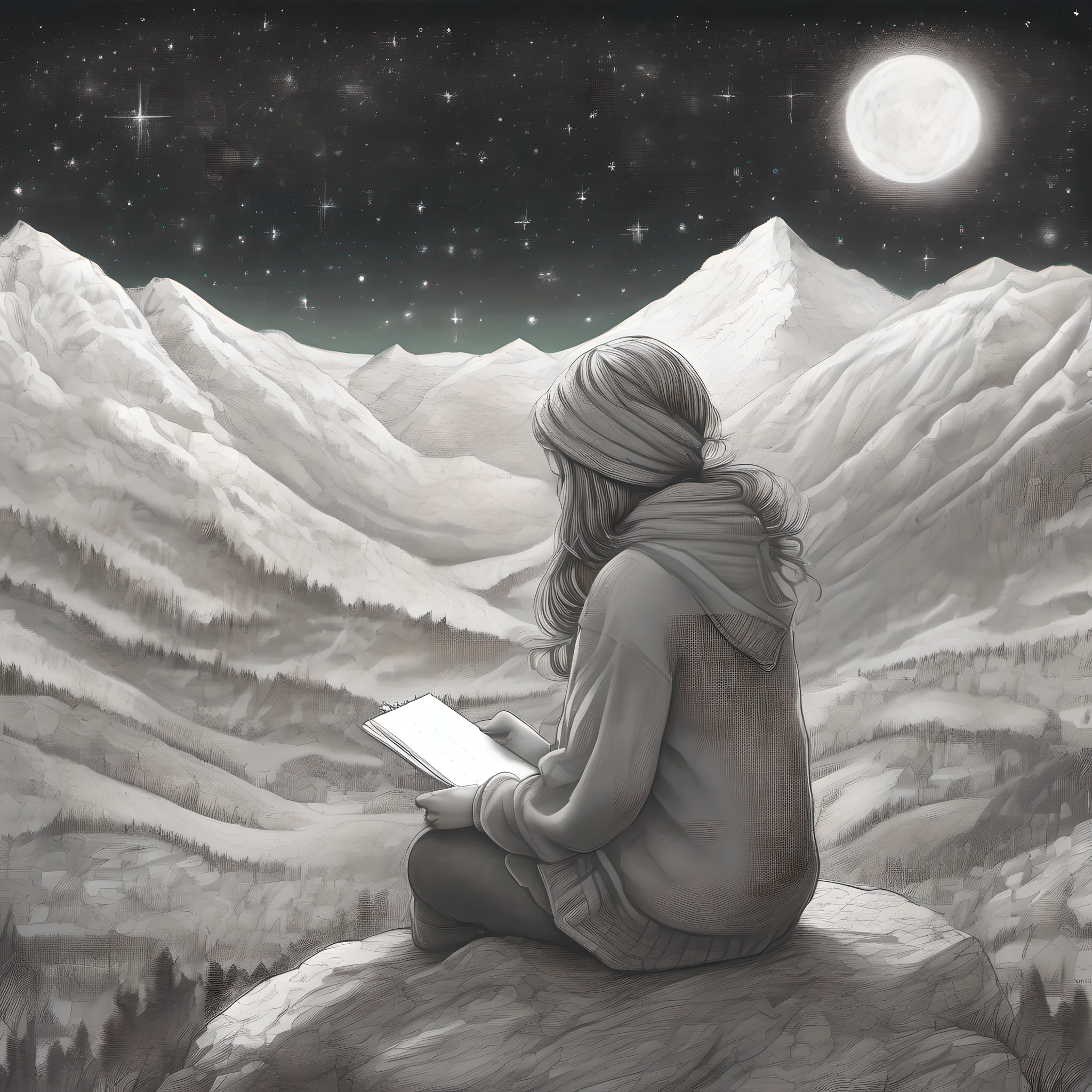 (best quality, masterpiece:1.2), A girl is sitting on a hill in the mountains, gazing at the stars. She is alone, but not lonely. She feels a connection with the vast universe above her. She is wearing a warm sweater and a scarf, and holding a cup of hot chocolate in her hands. She has a sketchbook and some colored pencils next to her, but she is too mesmerized by the night sky to draw anything. She wonders what lies beyond the stars, and what her place is in this world. She smiles and closes her eyes, feeling a sense of peace and wonder. (This drawing is a four-color (red, green, blue, and yellow) pencil drawing with),