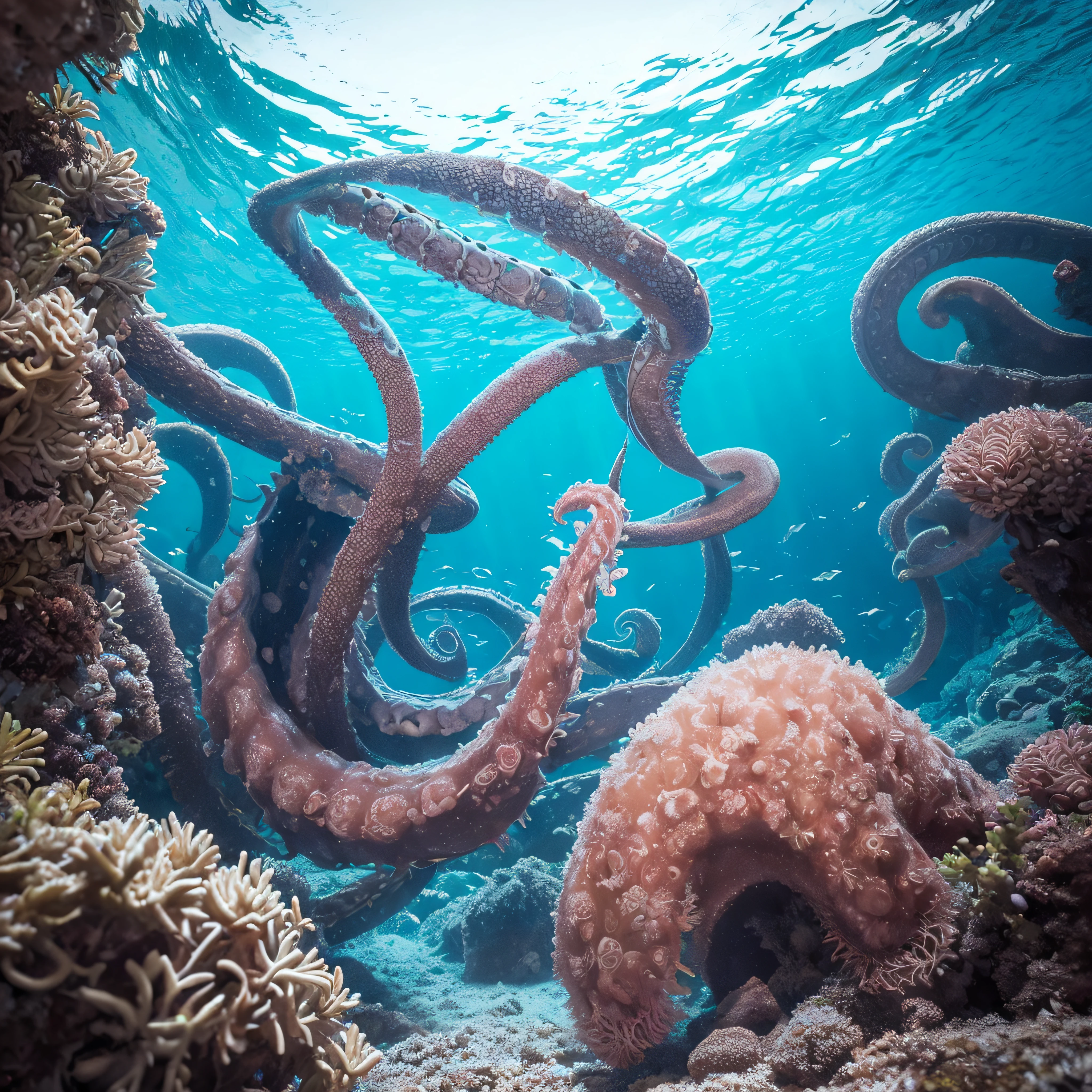 (extremadamente detallado, obra maestra, La mejor calidad, under the ocean), Estilo oscuro, volumetric illumination. cangrejo gritando, lengua larga, tentacle, deformado, imagen submarina vista desde el exterior, pico de pulpo amenazante. manchas de tinta. Rococo composition. Luz de caravaggio