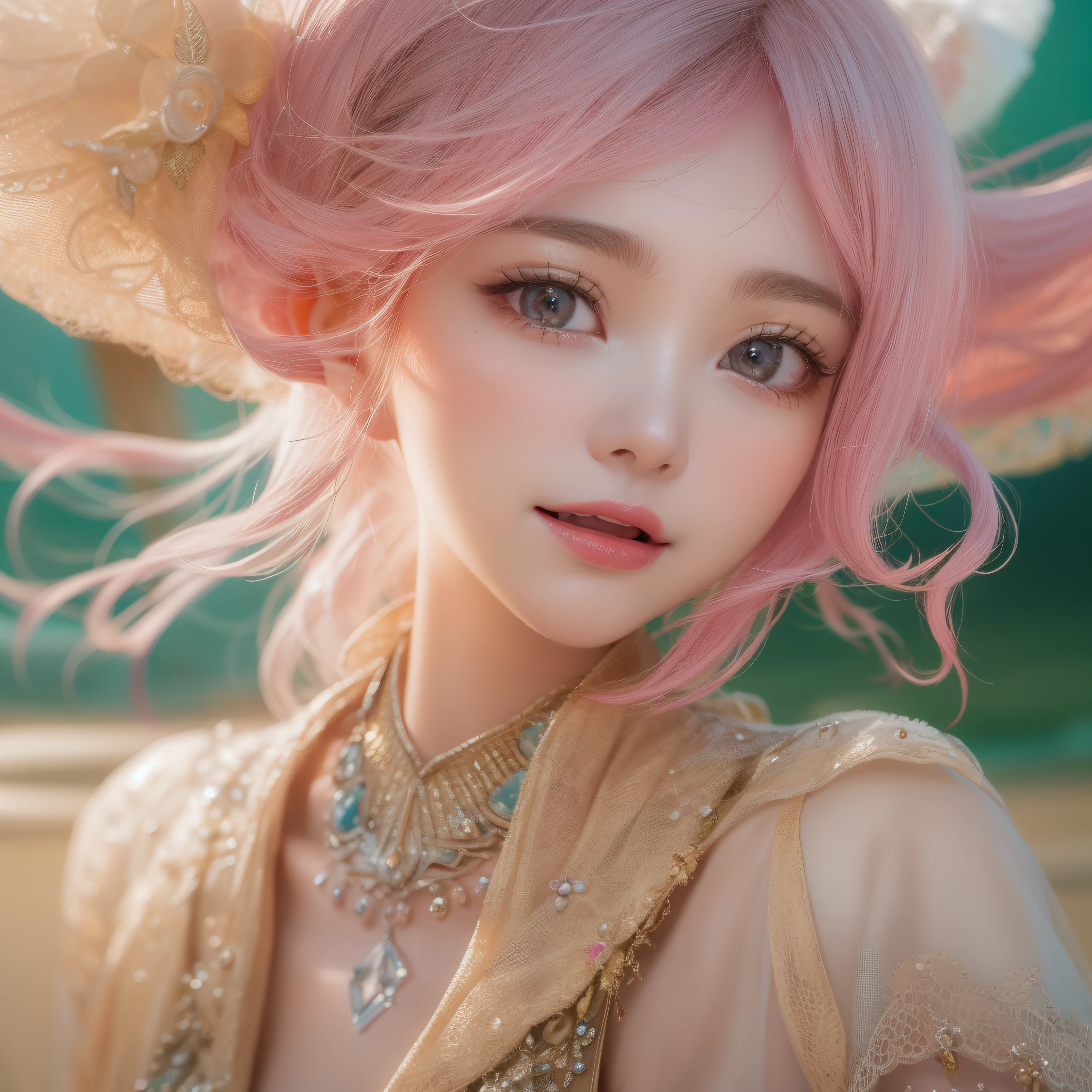 Close up of smiling face with open mouth、(realisitic、hight resolution)、(1 girl in)、Do-Up Eye、Korean Girl、(Best Quality), (masutepiece), (1girl in), Solo, a beauty girl, Perfect face, Big Breast,dreamlikeart、Highly detailed airbrush art((Surreal))、Volumetric lighting、(top-quality)、The ultra-detailliert、(The composition of the movement:1.4)、Highly detailed colorful details、(Bright lighting)、dynamic compositions、Ray traching、The mirror reflects light、Shallow depth of field、ultra-detailliert、mixing  exposure、nffsw、Her eyes are glowing pink、Staring at the pink sea。Her pink face is full of anticipation and courage for adventure.、A smile appears on her pink lips。 At the rear、The sun is slowly tilting to the west。Its light brings pink light to the surface of the sea、The swaying waves create a beautiful scene。Her eyes are clearly glowing pink。Lots of pink