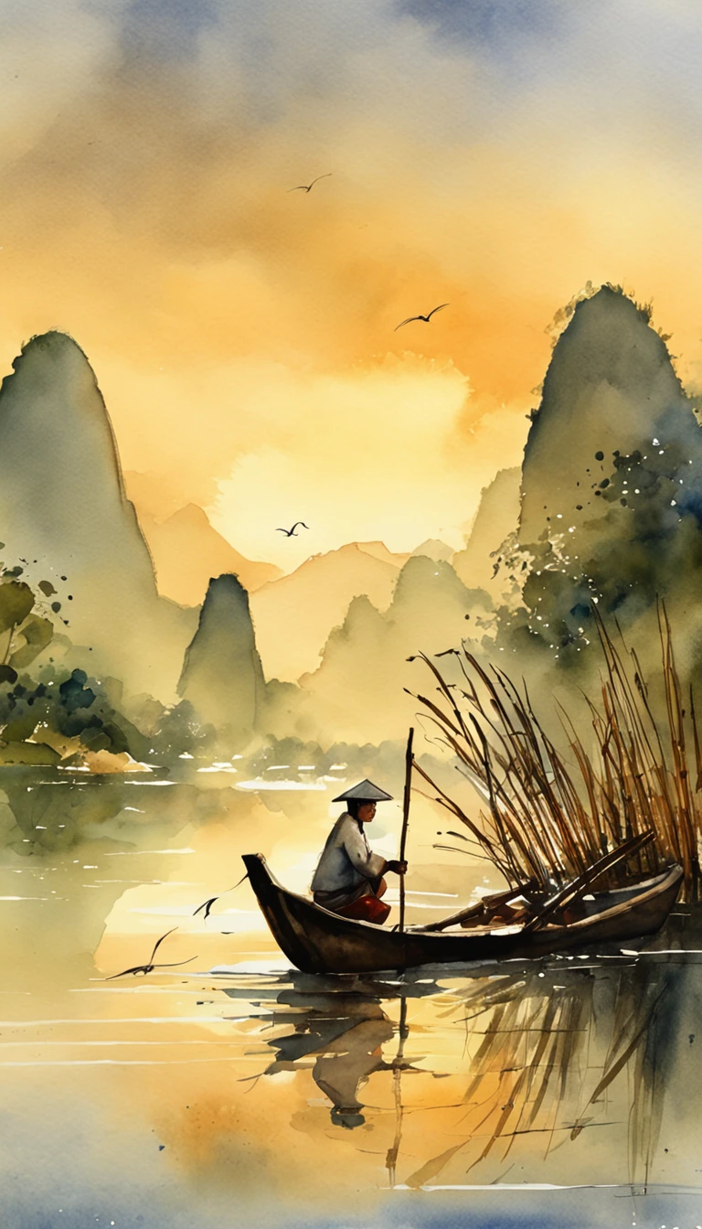 A fisherman on the Li River at sunset fishes on a bamboo raft