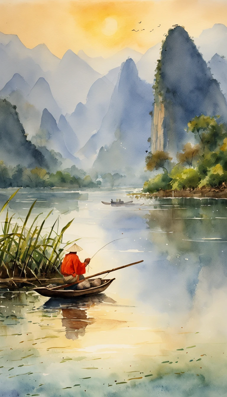 A fisherman on the Li River at sunset fishes on a bamboo raft