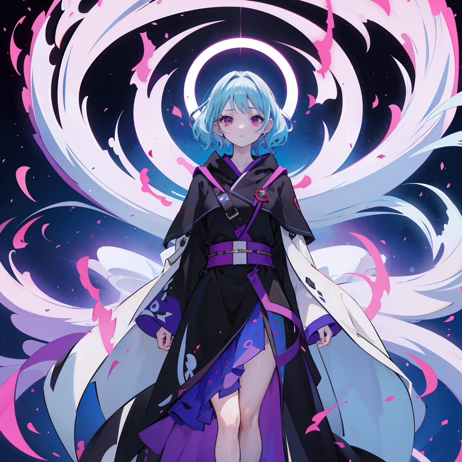 masutepiece, Fine details, 4K, 8K, 12K, Solo, 1 person, Beautiful Girl, caucasian female, , 149 cm, Light blue hair, Short hair, Wavy Hair, Red Eyes, Black costume、black robes, Long sleeves, Wide sleeves, long hem, long hem、numerous wounds on the legs,,,、Foot injuries、a lot of wounds on the legs,,,.、I can't see my knees、Black hood、Full body black、Purple effect、Dragon effect
