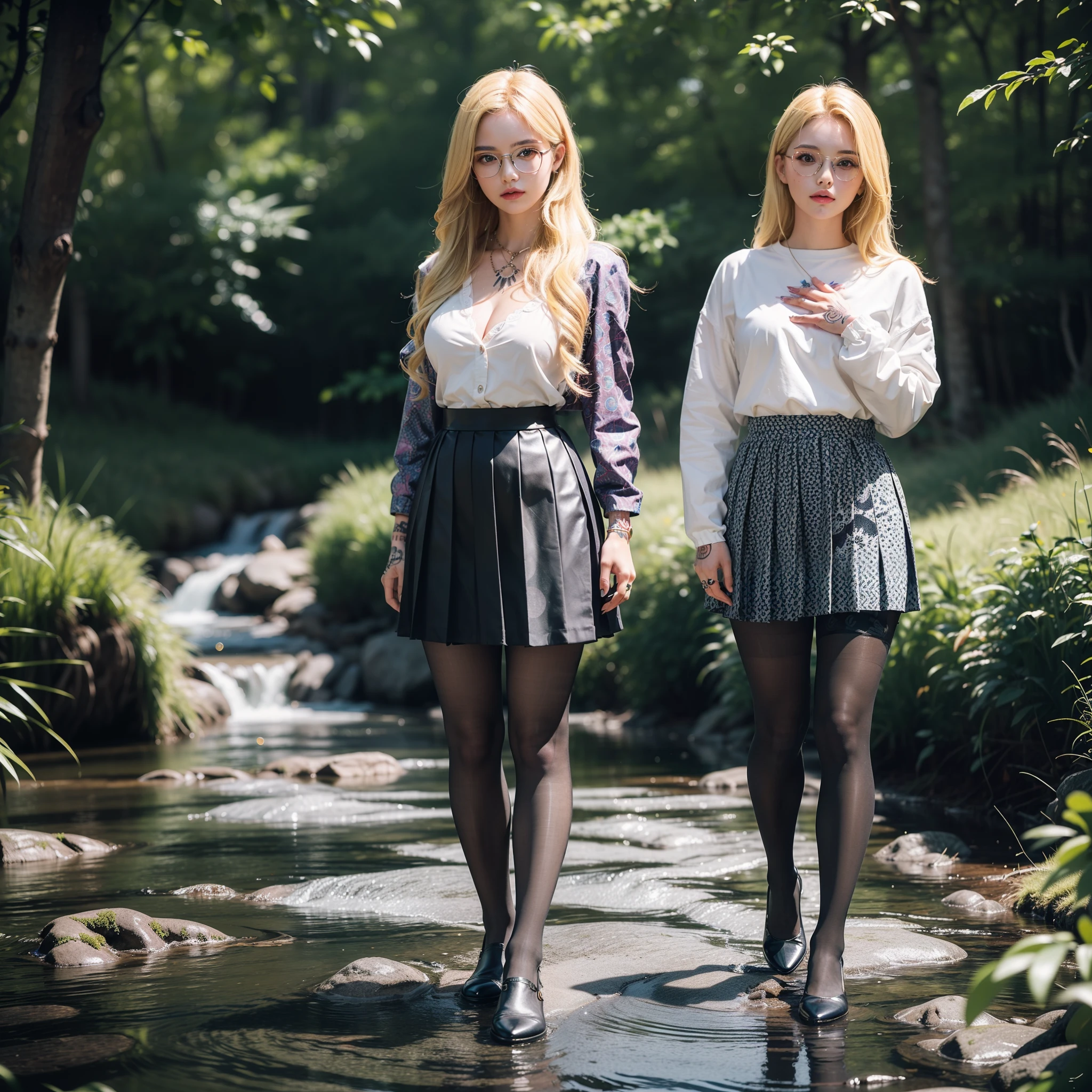 (full body:1.5),(((only one girl)):1.4),(view the viewer:1.4),((anatomy correct):1.45),(((Playing by a stream in the forest, Perfectly integrated background))):1.3),(she wears large glasses and Holding pistol in her hand:1.2),(shy:1.15),((Student pleated skirt's set):1.2),(((((((patterns)))))) ,((thick pantyhose)):1.3),(((tattoo)):1.3),( Uniform high heels leather shoes with bows for female students:1.1),((Long legs and large chest):1.3),(((colorful)):1.2),(Accurate and perfect face:1.3),((blonde):1.2),hyper HD, Ray traching, reflective light, structurally correct, Award-Awarded, high detail, lighten shade contrast, Face lighting ,cinematic lighting, masterpiece, super detailing, high quality, high detail, best quality, 16k,High contrast,