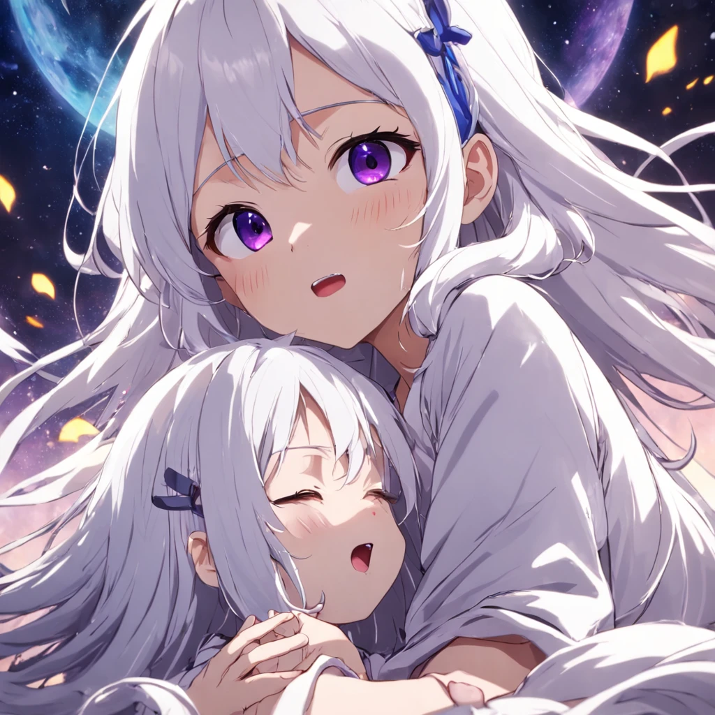 masterpiece,Little,cute、こたつでくつろぐ幼馴染のLittlegirlとLittle男の子、Relaxed facial expression、Mikan and cat kotatsu、sdcgsd、girl:Milky white and purple gradient long hair 1.5、Double braid、Black and white diamond-shaped hair ornaments on both sides、Little男の子、The boy has two-tone white and light blue short hair.、Taking a nap together、Heartwarming、A fluffy world、ゆるcute世界、The best light source、