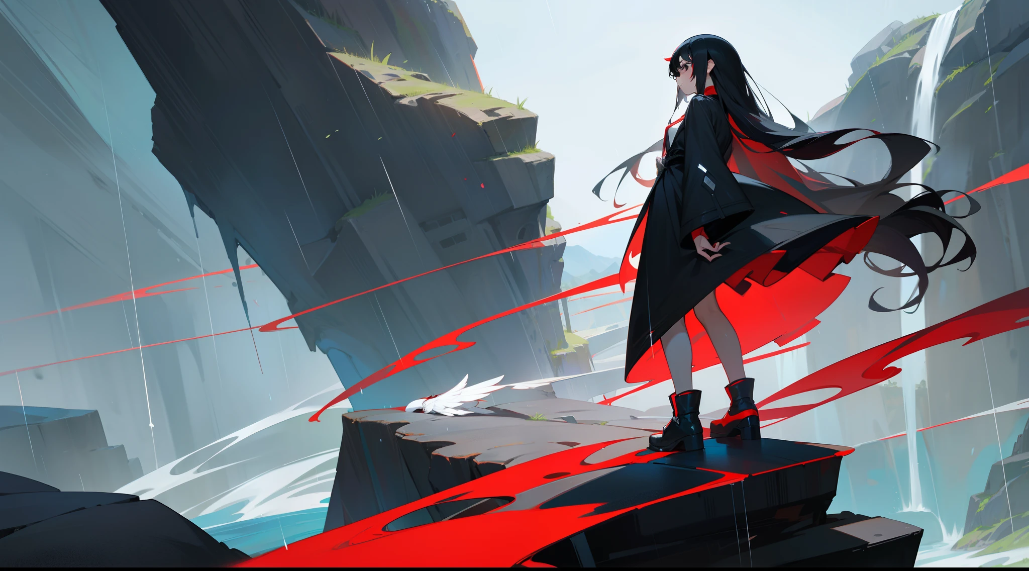 A teenager with red and black hair，A woman with long white and black hair，Standing on a cliff，angelicales，There is rain