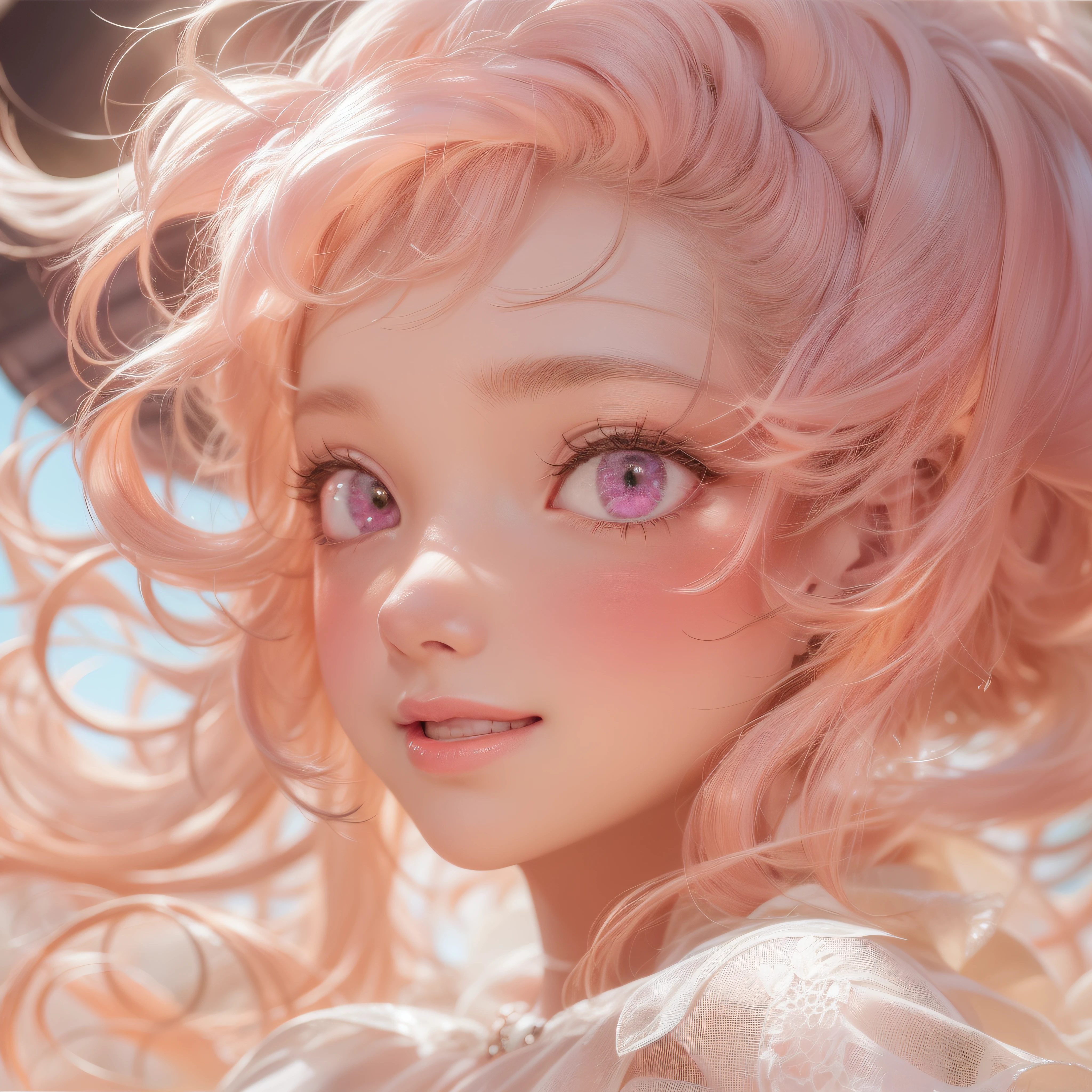 Close up of smiling face with open mouth、(realisitic、hight resolution)、(1 girl in)、Do-Up Eye、Korean Girl、(Best Quality), (masutepiece), (1girl in), Solo, a beauty girl, Perfect face, Big Breast,dreamlikeart、Highly detailed airbrush art((Surreal))、Volumetric lighting、(top-quality)、The ultra-detailliert、(The composition of the movement:1.4)、Highly detailed colorful details、(Bright lighting)、dynamic compositions、Ray traching、The mirror reflects light、Shallow depth of field、ultra-detailliert、mixing exposure、nffsw、Her eyes are glowing pink、Staring at the pink sea。Her pink face is full of anticipation and courage for adventure.、A smile appears on her pink lips。 At the rear、The sun is slowly tilting to the west。Its light brings pink light to the surface of the sea、The swaying waves create a beautiful scene。Her eyes are clearly glowing pink。Lots of pink