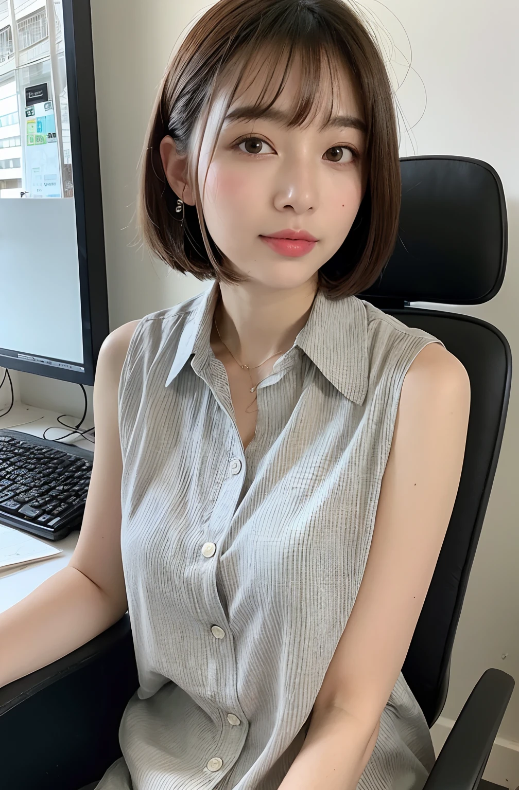 8K、top-quality、masterpiece、超A high resolution、a picture、beautiful japanese female、 Elegance、There is a good、Transparent atmosphere、Beautiful face、Gradient lighting、1girl in、Delicate skin、Look into the distance、Brown-eyed、(short hair with bangs:1.2)、(with large breasts、pureerosface、Button Front Sleeveless Shirt、Cotton Patch Pocket Button Through Workwear Shirt Dress、Tight silhouette、blanche、Clothes that fit snugly to the body、very big bust、Take your eyes off、s Office、There are many computers lined up、Lots of desks、Large office、Having a file、BREAK、Ass big、Kinda chubby、Bangs shed to the side、organize your hairstyle well、Put your ears out、Hold a file in your hand、Slim Fit、