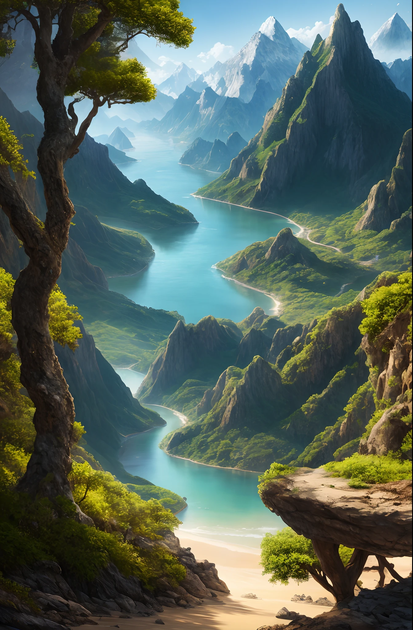 Mountains and bodies of water surrounded by trees and sand, 4k highly detailed digital art, 8K stunning artwork, 8k resolution digital painting, 8 k resolution digital painting, Detailed painting 4 K, beautiful landscape rendering, 4k hd matte digital painting, 8k matte painting, 8 k matte painting, highly detailed digital painting, Beautiful digital artwork