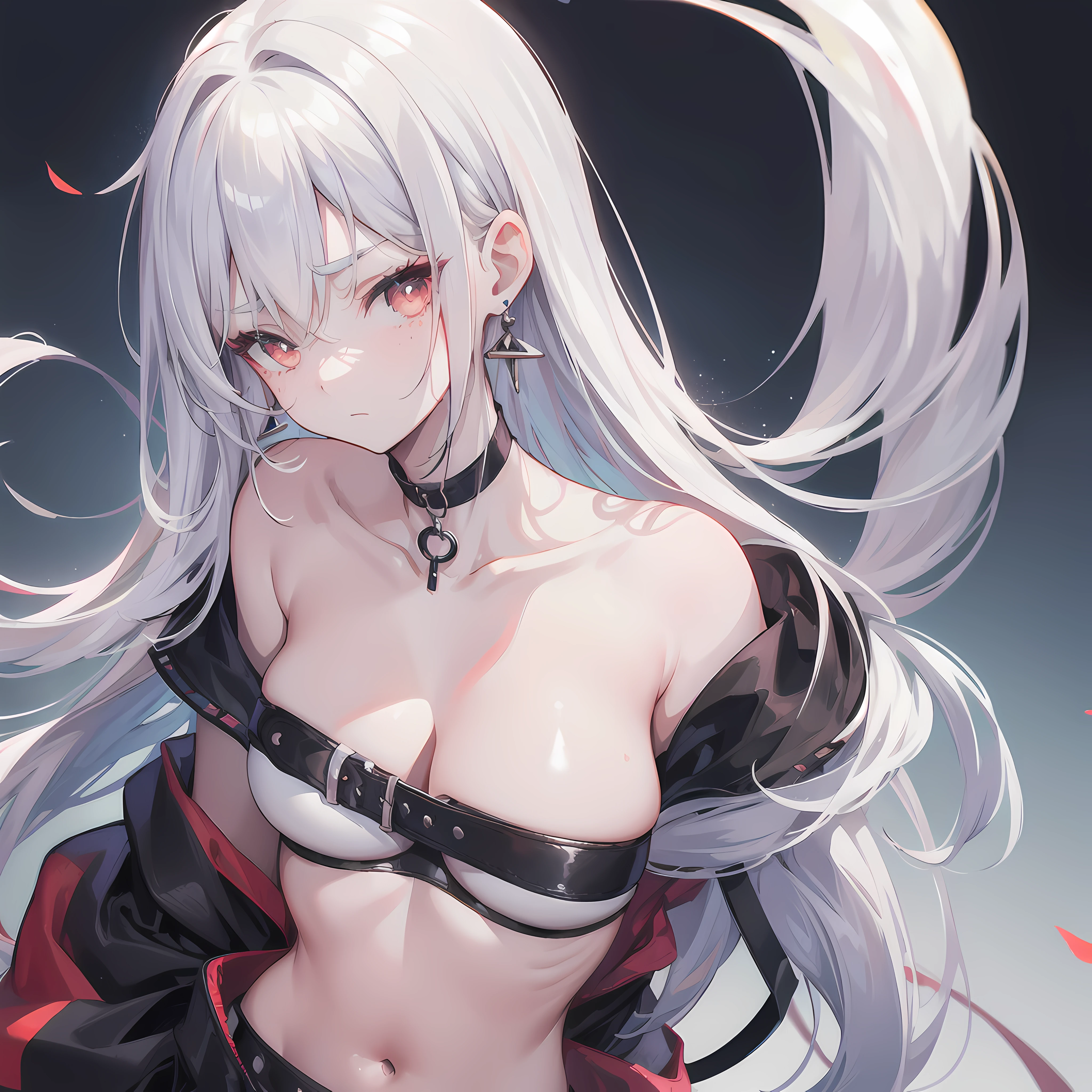 sam yang,
1girl, backlighting, bare shoulders, black choker, blurry, blurry background, blush, breasts, choker, cleavage, closed mouth, collarbone, earrings, forehead, freckles, hair over shoulder, jewelry, long hair, looking down, pointy nose, red lips, shadow, solo, thick eyebrows, thick eyelashes, upper body, white hair
, ((masterpiece))