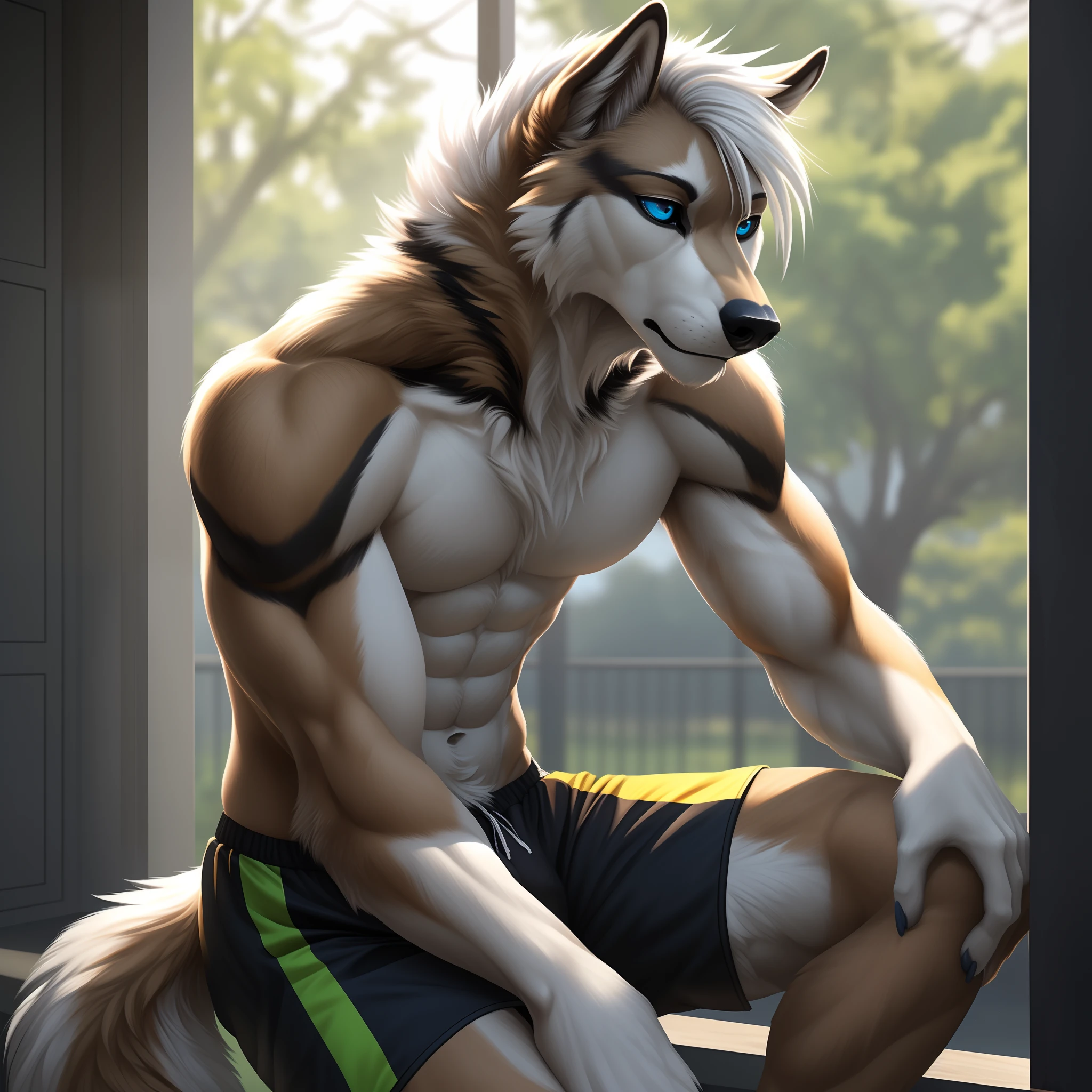 ((Solo)), Male, anthro wolf, (Multi-colored fur, Black White Taupe:1.3), ((Dog face, White hair, Big eyes, White eyelids, Blue pupil, Slim:1.2) (Tough, Calm expression:1.2)), ((sport:1.1)), Abs, Slim, pinging)), (Correct anatomy), (Work shorts:1.1), (Contoured bones:1.2), naked torso, (detailed outfits), (Realistic fur, Detailed fur texture, labeled:1.3)), (Natural lighting), Photorealistic, Hyperrealistic, ultradetailed