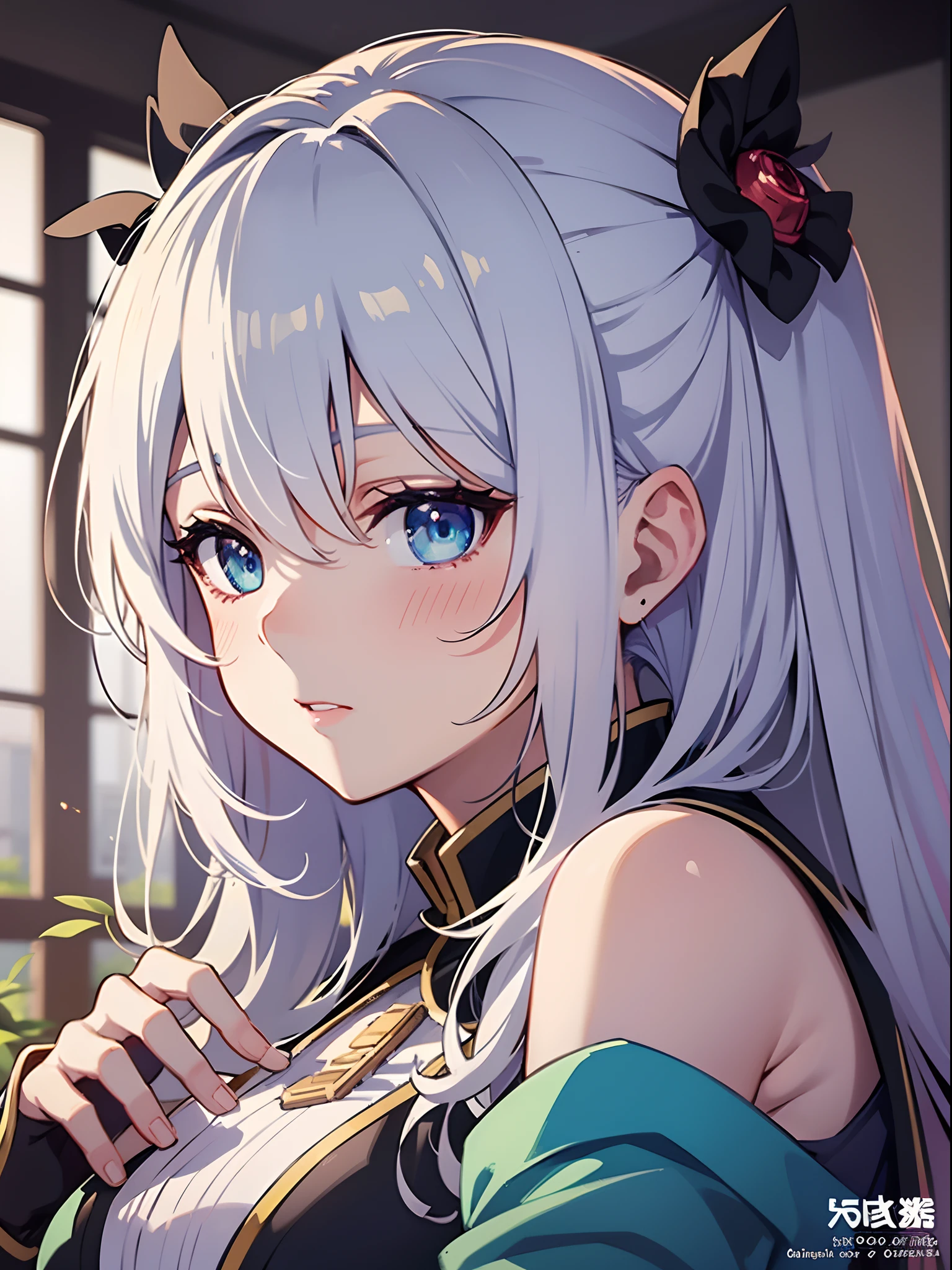 Close-up of face,Diagonal angle., complex details beautiful and delicate eyes, anime girl with long white hair and blue eyes posing for a picture, shadowverse style, smooth anime cg art, sayori, detailed digital anime art, guweiz, sui ishida art manga, shadowverse, official artwork, pixiv style, detailed anime artwork, artbook artwork, seductive anime girl, sougetsu, detailed anime character art, waifu