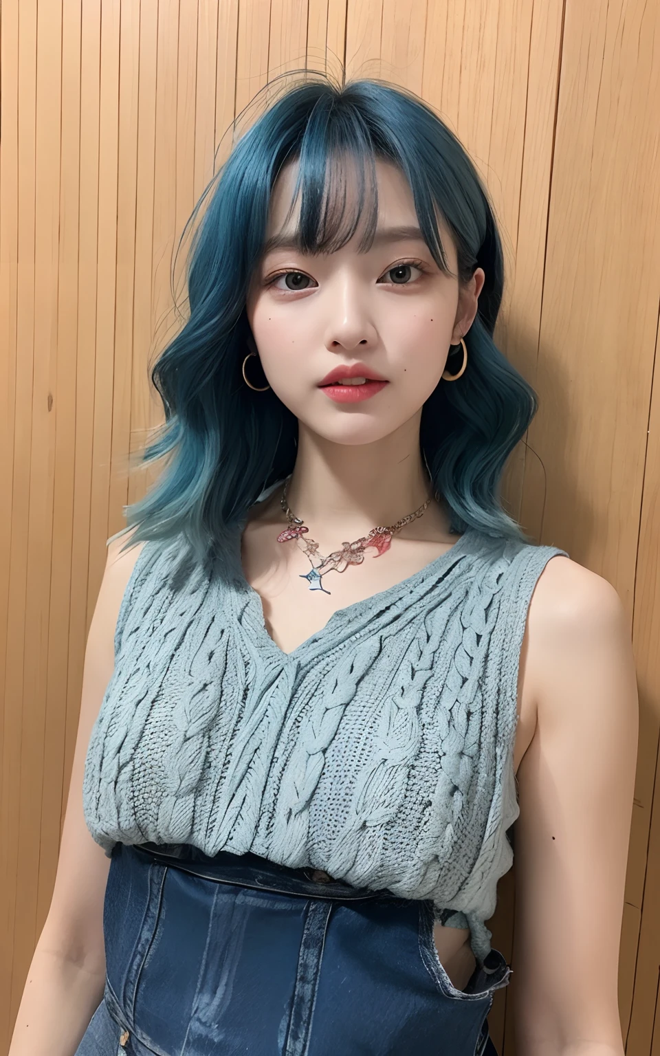 Highly detailed CG Unity 8k wallpapers、top-quality、ultra-detailliert、masterpiece、realisitic、Photo Real、extremely detailed cute girl、25-years old、((lightblue hair:1.4))、((Dyed light blue hair、Big piercings、a necklace、Floral hair ornament、Psychedelic blue clothes))、(gals)、roundly eyes、viewer、red blush、cparted lips、Semi-body shot、 Sleeveless sweater、cafes、