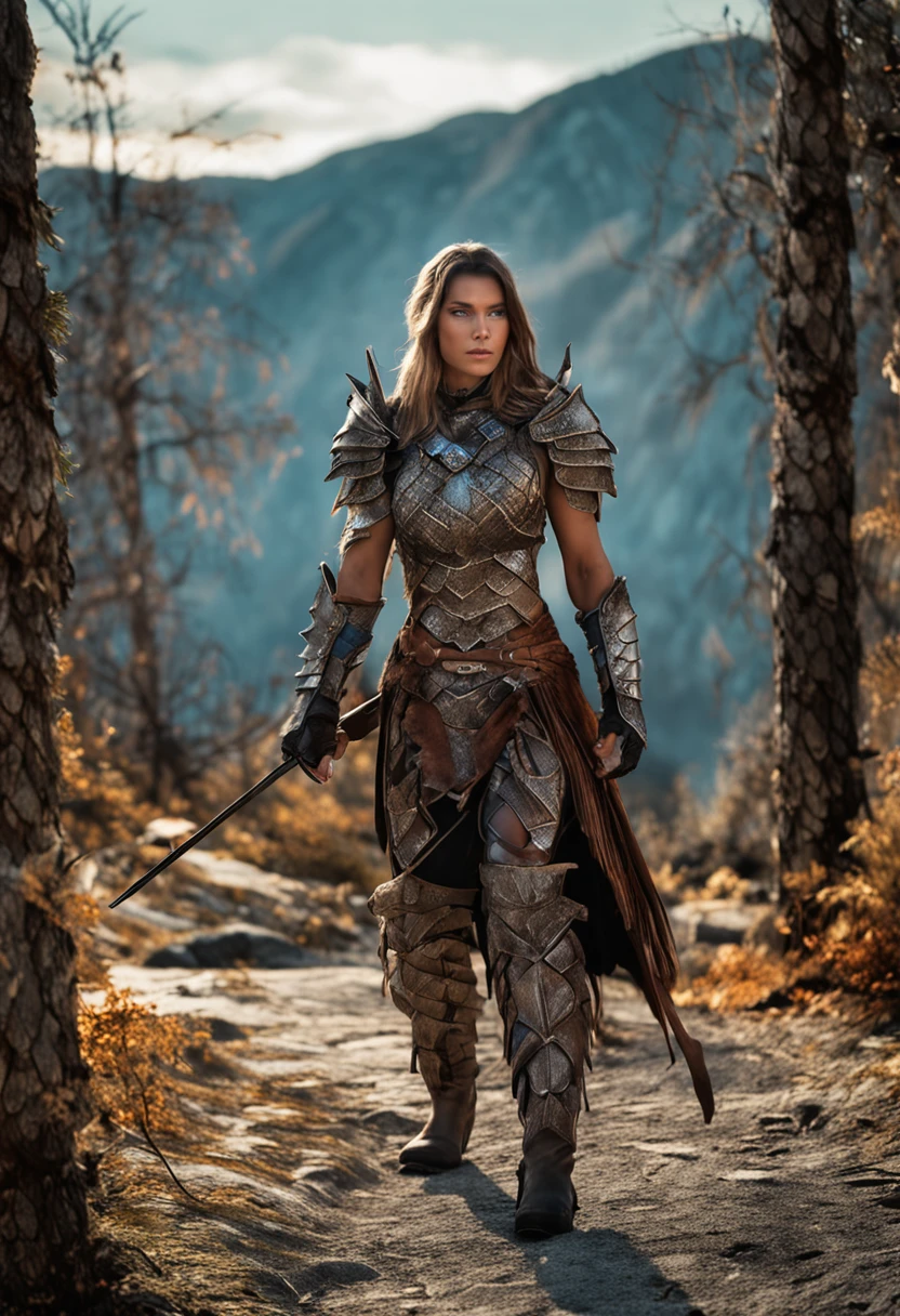 Beautiful SKS female warrior wearing Skyrim Dragon Scale Armor, Beautiful face,Glowing eyes,Hyperrealistic
