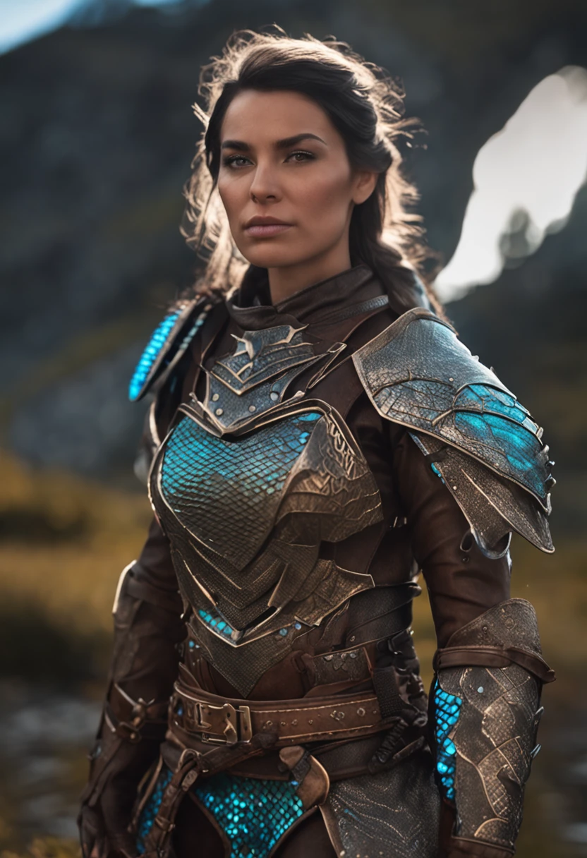 Beautiful SKS female warrior wearing Skyrim Dragon Scale Armor, Beautiful face,Glowing eyes,Hyperrealistic