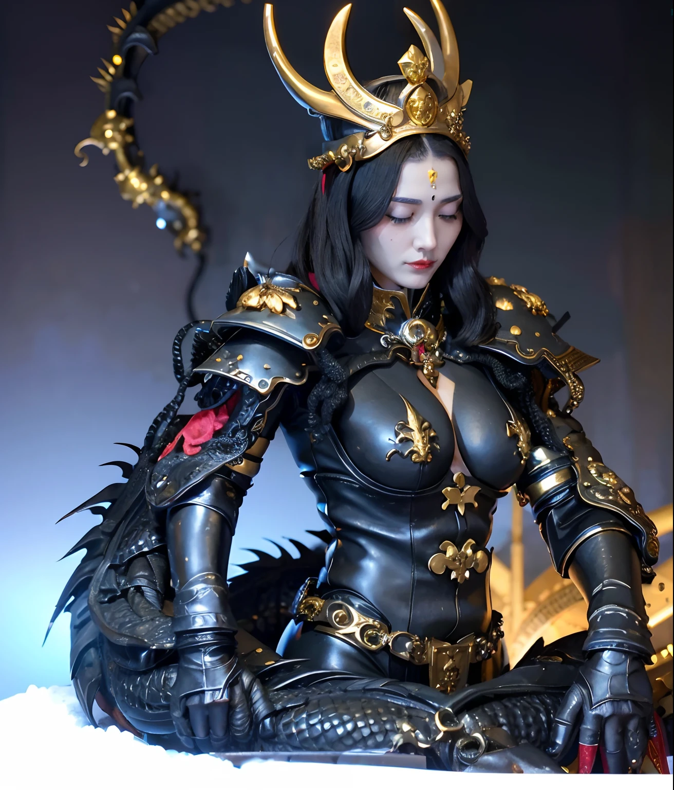 Professional , ​masterpiece、top-quality、photos realistic , depth of fields （Gemstone Black Metal Body:1.９),(Enamel Black、（cleavage of the breast）、（Chinese Dragon）、Dragon Gold Weapon（Dragon Metal Body:1.４),Gorgeous gold weapons ,（（ Dragon's dense and gorgeous sword）） ,  、blood splashing、  ,warhammer 40k , adepta sororitas,Detail and gorgeous crown、（（Brown hair））、（The dragon）、（Castle background）、The dragon、（（Gangle's forest background））、Beautiful Caucasian beauty、（１a person）、dynamic ungle,(((Detailed and ornate Black Devil Crown)))、Smaller head、A smile、Castle background、Thin and beautiful female hands、cleavage of the breast、Mystical expression、Light Effects、Wind-effect、magic circles、With the legendary magic wand、（demonic wings）、Toostock、Look at viewers、