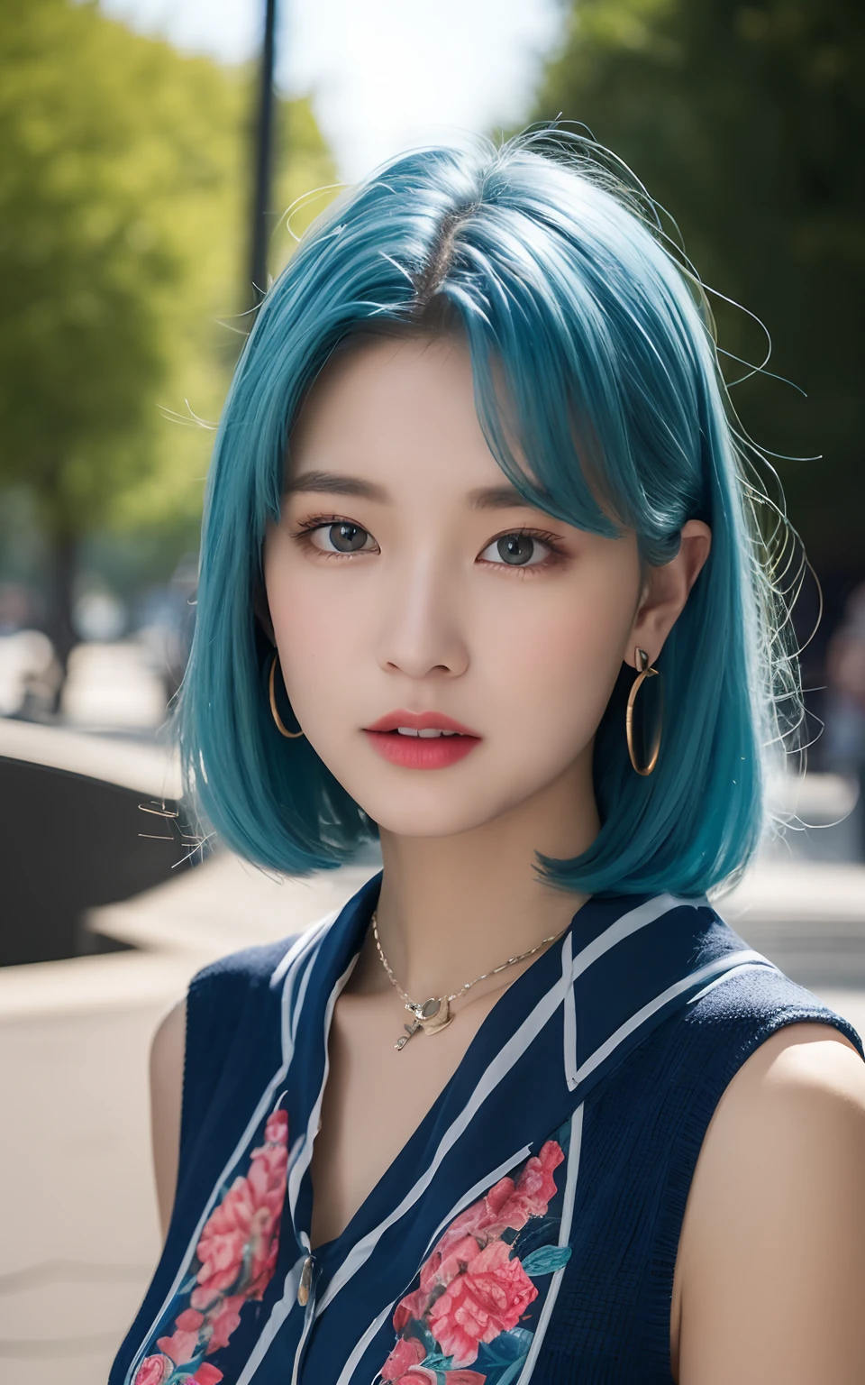 Fancy College Girl、petite person、(Colorful asymmetrical clothes、Fancy piercings、a necklace、Blue and red gradient hair color)takeout、(Slimed、small tit、flat boobs、small boobs)、Photorealsitic、detaileds, Skin texture, ultra-detailliert、Delicate and sexy collarbone、a smile、Super detailed face、detailed lips、A detailed eye、二重まぶた