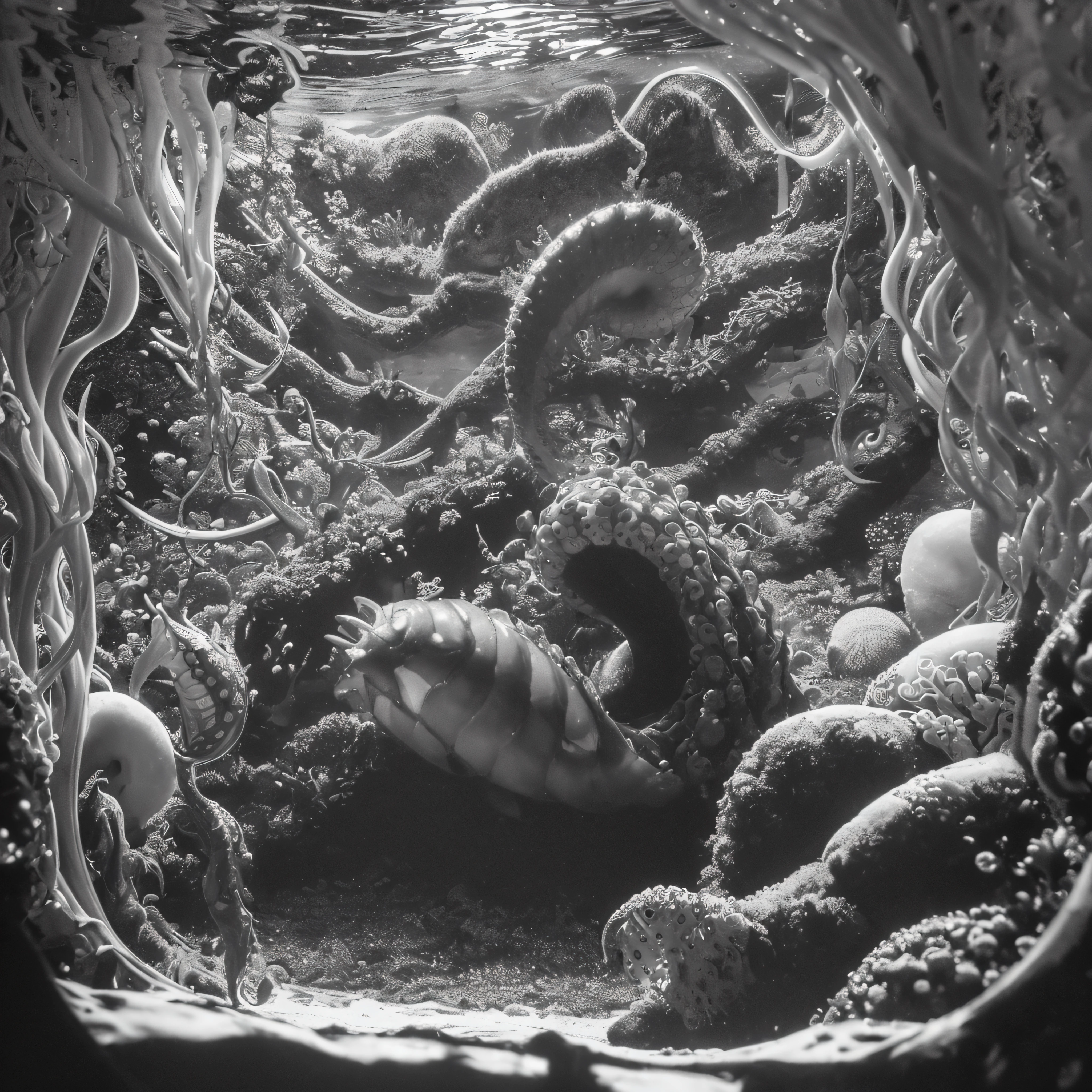 (extremadamente detallado, obra maestra, La mejor calidad, under the ocean), Estilo oscuro, volumetric illumination. cangrejo, tentacle, deformado, imagen submarina vista desde el exterior, pulpo amenazante. manchas de tinta. Rococo composition. Luz de caravaggio
