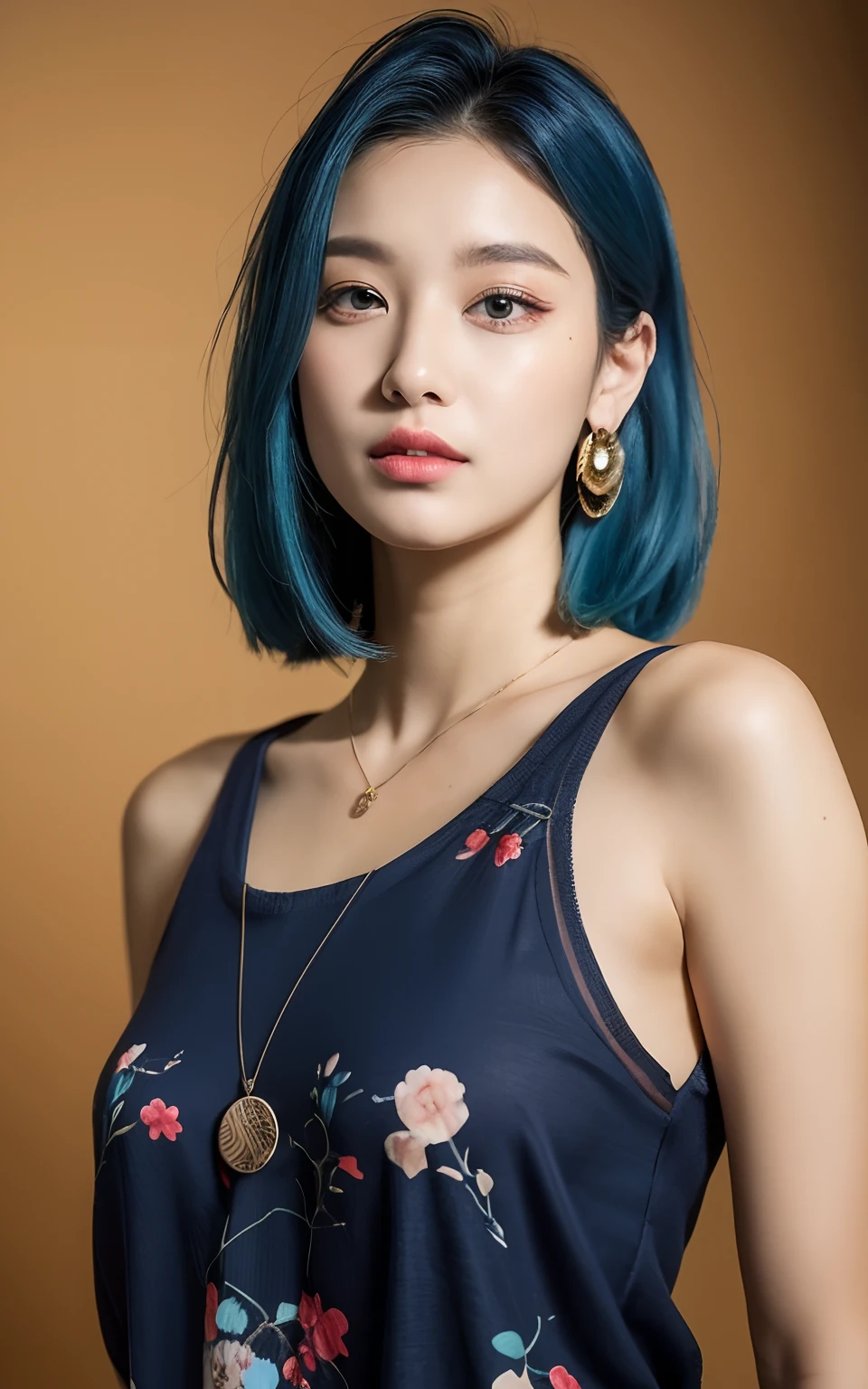 Highly detailed CG Unity 8k wallpapers、top-quality、ultra-detailliert、masterpiece、realisitic、Photo Real、extremely detailed cute girl、25-years old、((lightblue hair:1.4))、((Dyed light blue hair、Big piercings、a necklace、Floral hair ornament、Psychedelic blue clothes))、(gals)、roundly eyes、viewer、red blush、cparted lips、Semi-body shot、 Sleeveless sweater、cafes、