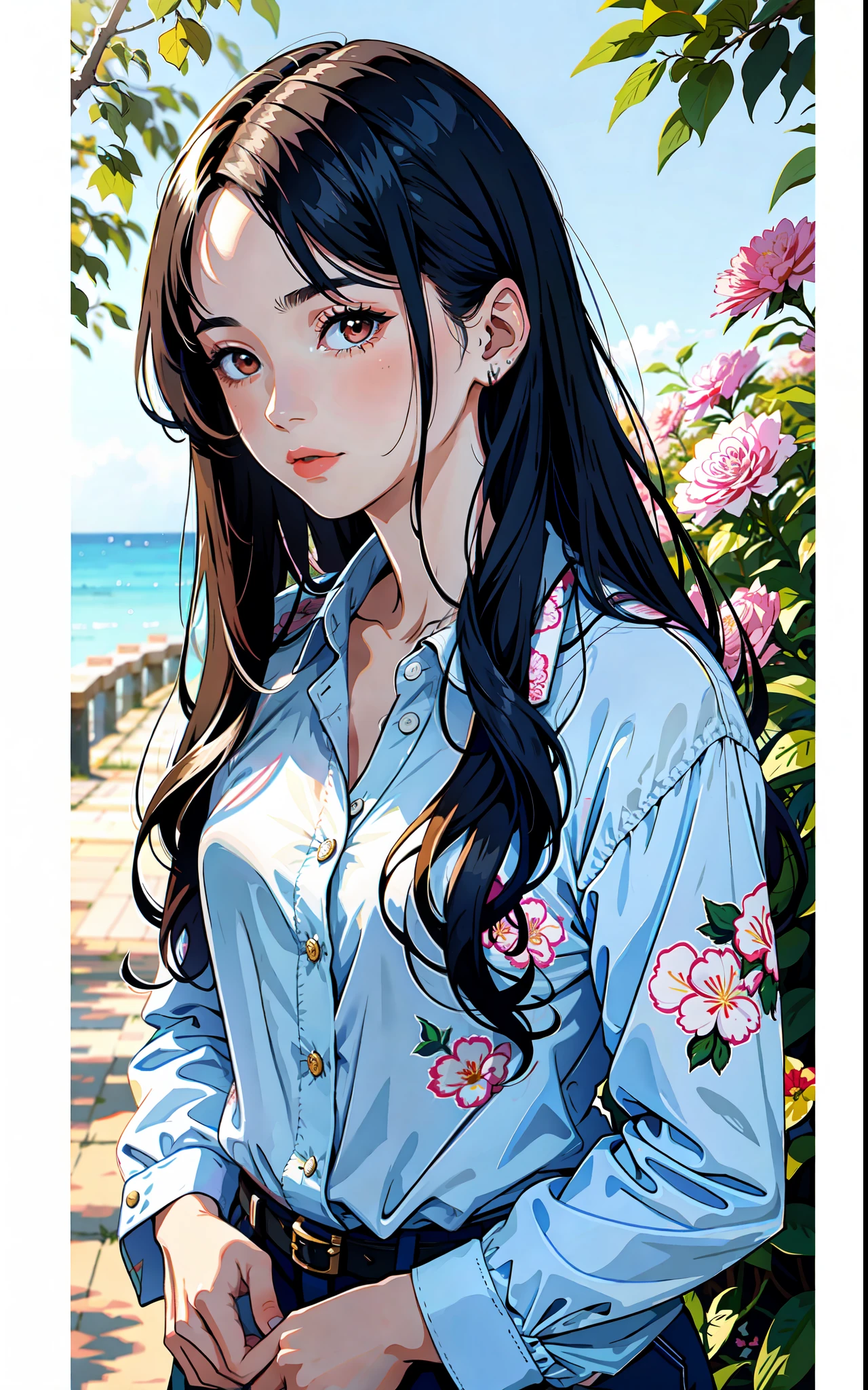 a close up of a woman with long hair and a flowered shirt, centre image, photo of young woman, around 1 9 , extremely graphic, portait image, old picture, photo taken in 2 0 2 0, nivanh chanthara, landscape
