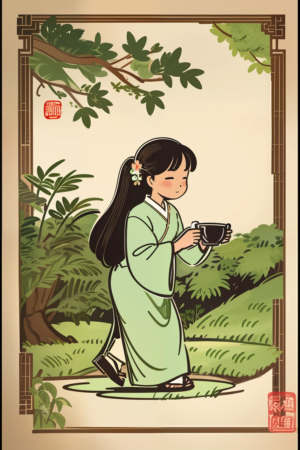 Illustration of a young woman picking tea leaves in a tea garden in ancient Chinese costume, Stick figure style, Flat illustration,The background is clean,