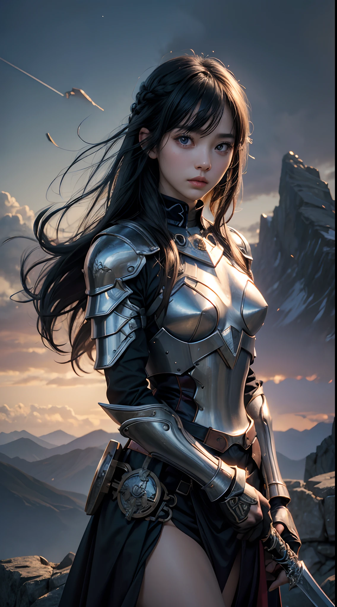 A beautiful woman holding a long sword. Black hair. She wears beautiful silver-white armor. She is looking at the camera with an angry expression.