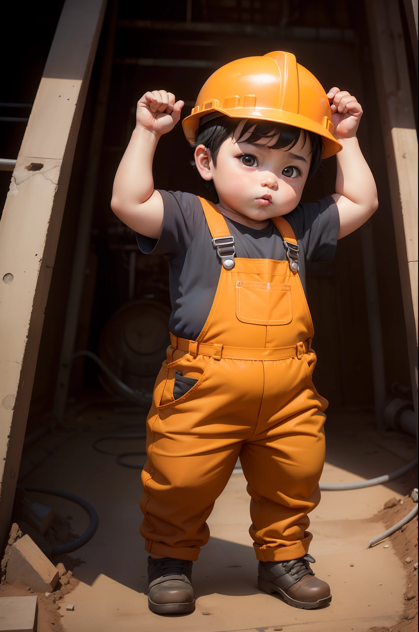 A slightly chubby boy of 3 in China, Wear orange overalls,Wear a hard hat, Inside the steel plant,In taking electric welding,Black hair, adolable, with brown eye,by Pixar, tchibi,frontage,Full body portrait