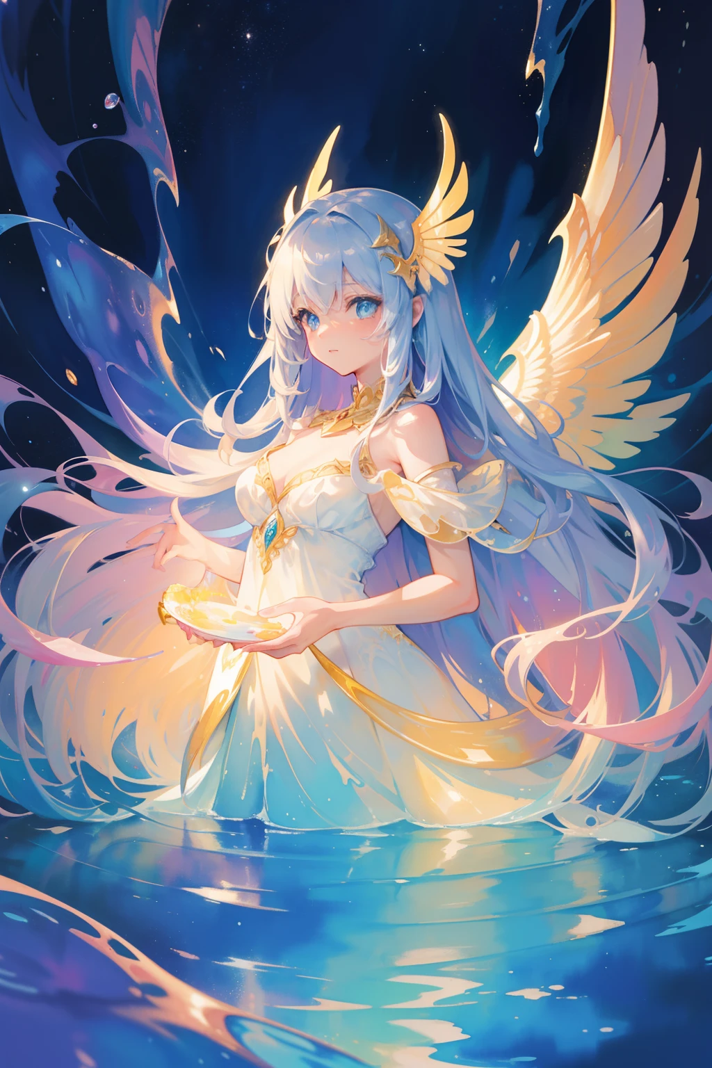 Masterpiece, Best Quality, sharp-focus, 8K, Intricately detailed environments, the anime, watercolor illustration, Colorful, Bright colors, whimsical, glowing lights, Liquid Otherworldly, Magic Lights, Beautiful girl in flowing liquid glowing dress, a perfect face, the golden ratio, Sparkling eyes, watercolour, Liquid light, angel wings