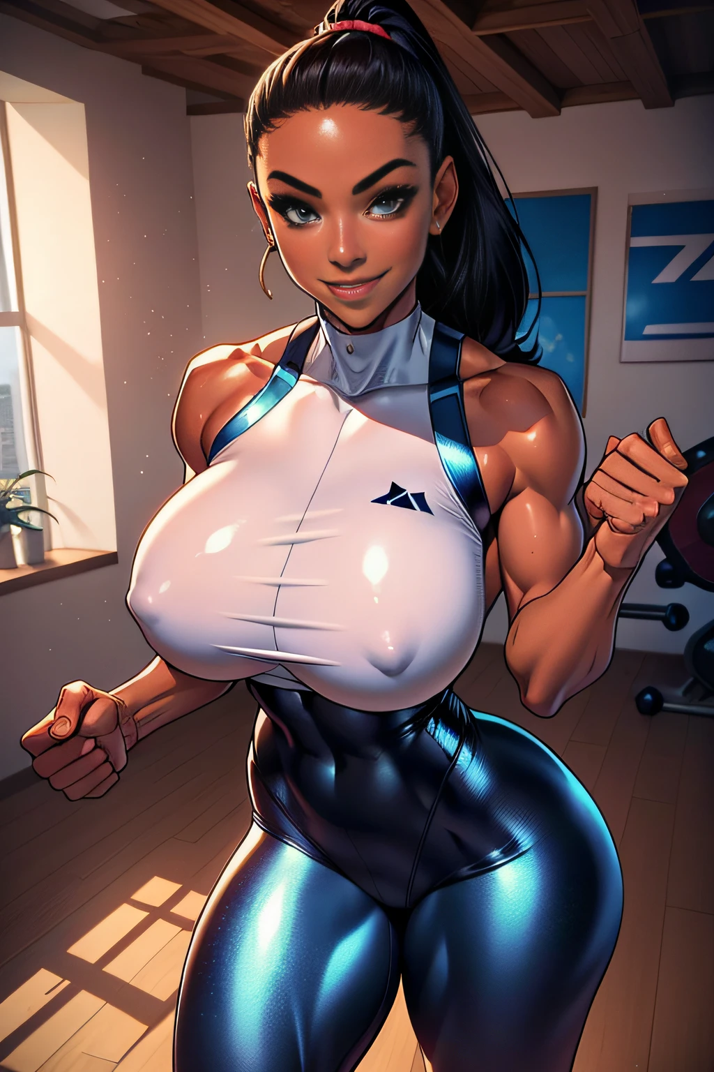 Gymnast of Alafe、Big breasts about to burst、thin and long legs,、Fitness Model、musculature、abdominals、Metallic gym clothes、spats、Five-fingered、skin tanned、glistning skin、Cool smile、Pose ready to fight