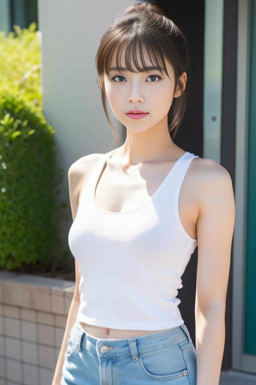 8k、High-resolution images、6 、(Baby Faceund face:1.5)、One Japanese woman, beautiful girl, Pretty face, (Looking into the camera), (Standing facing the camera), (smile), (Training wear:1.4)、(Bloomers)、(Tank top:1.4)、(Black background:1.5)、Mouth closed