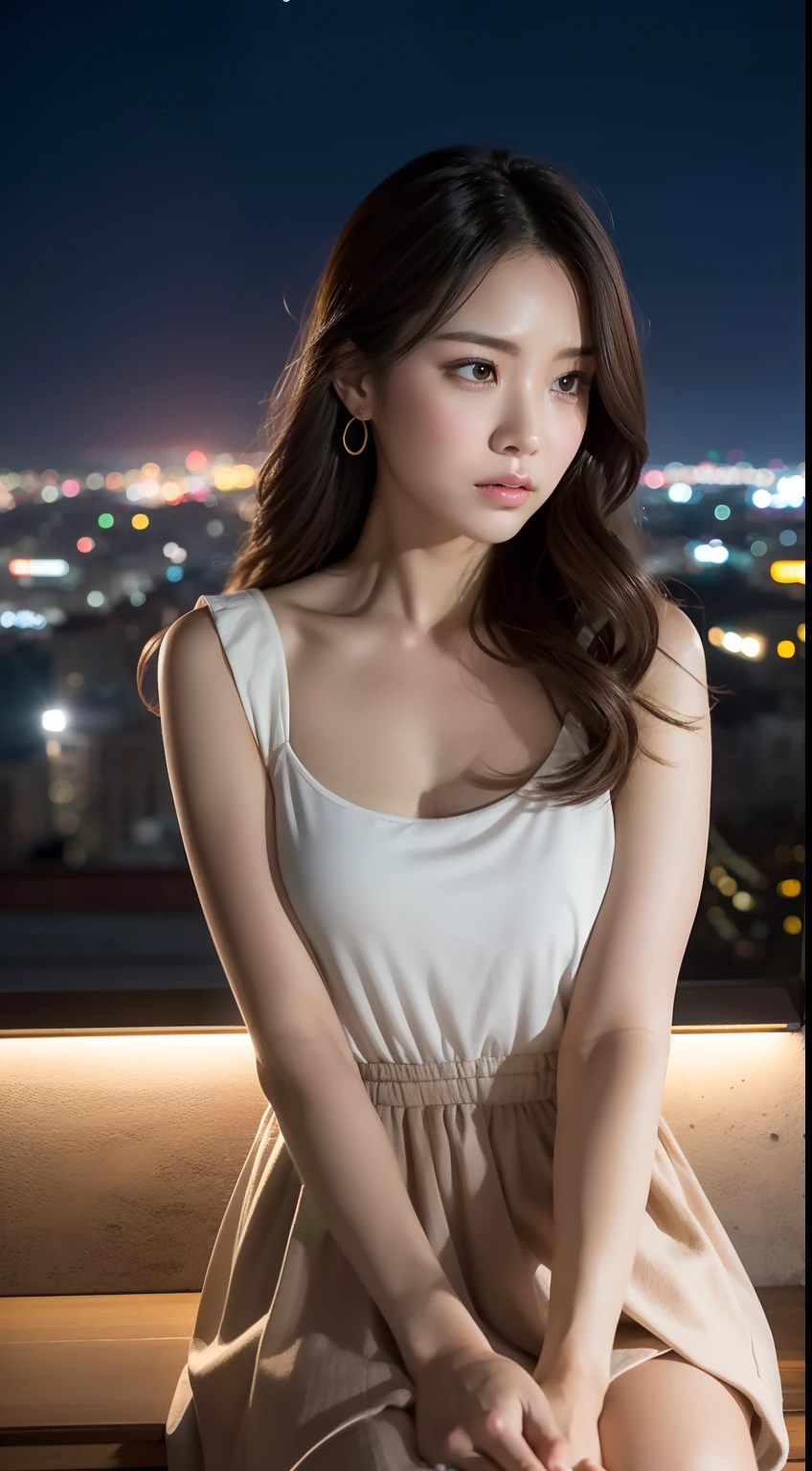 best quality、masterpiece、Super high resolution、(photoreal:1.5)、RAW photos、1 girl、Shoulders slumped、deep shadows、Unnoticeable、cold light、sexy look、brown highlighted hair、Short hair、wavy hair、turned into mucus、slim、Night view of the entertainment district, upper body shot
