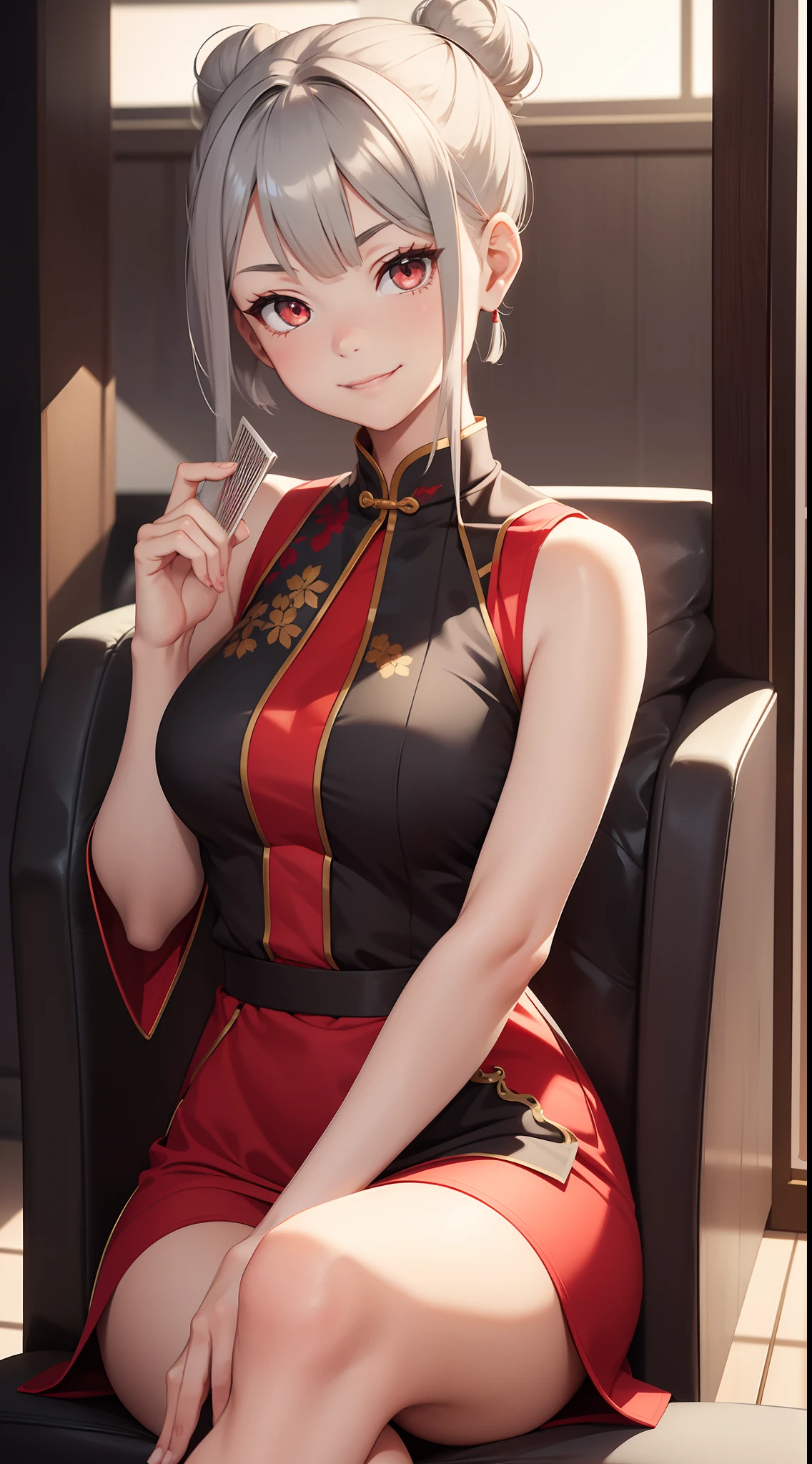 young girl, short gray hair, hair in a bun, red-eyes, smirk, grey chinese dress, translucent, fan, smirk, Sits, Masterpiece, hiquality