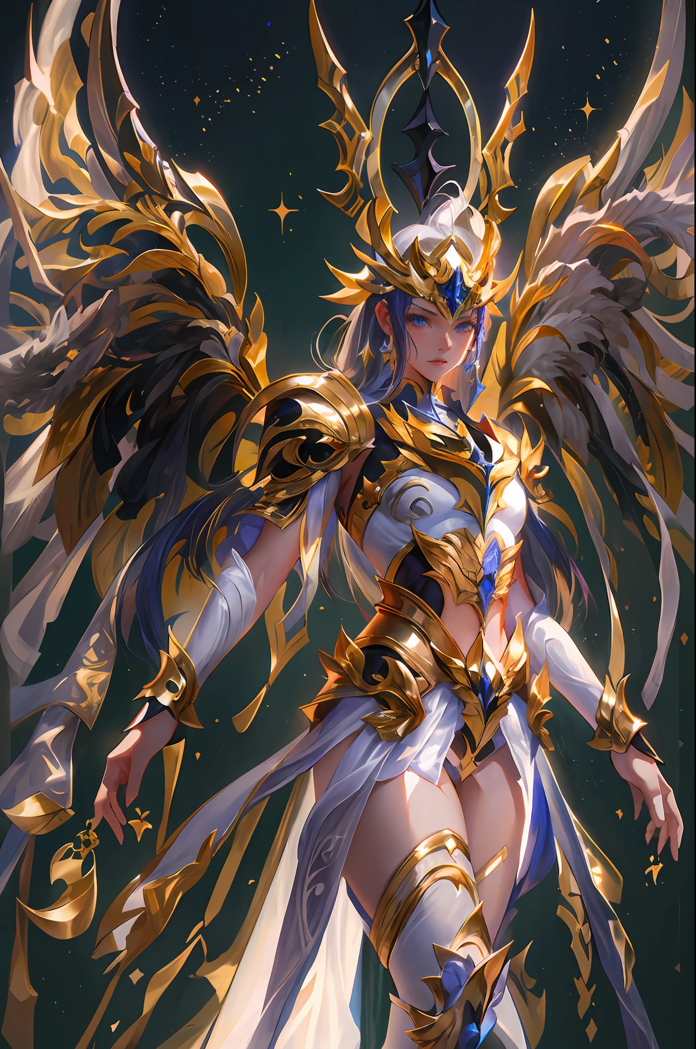 Ultra-high saturation,(tmasterpiece), fully body photo,(best qualtiy), (1girll), starryskybackground,Wearing shiny gold armor, Sexy lingerie type armor,Expose your chest,Expose the waistline,Exposing thighs,cool-pose, Saint Seiya Armor, messy hair,high detal, Anime style, Cinematic lighting, Sparkle, god light, Ray traching, filmgrain, hyper HD, textureskin, super detailing, Anatomical correct, A high resolution,Ultra-high saturation,hight contrast,High-gloss armor,Smooth skin,Serious expressions,Dark room,