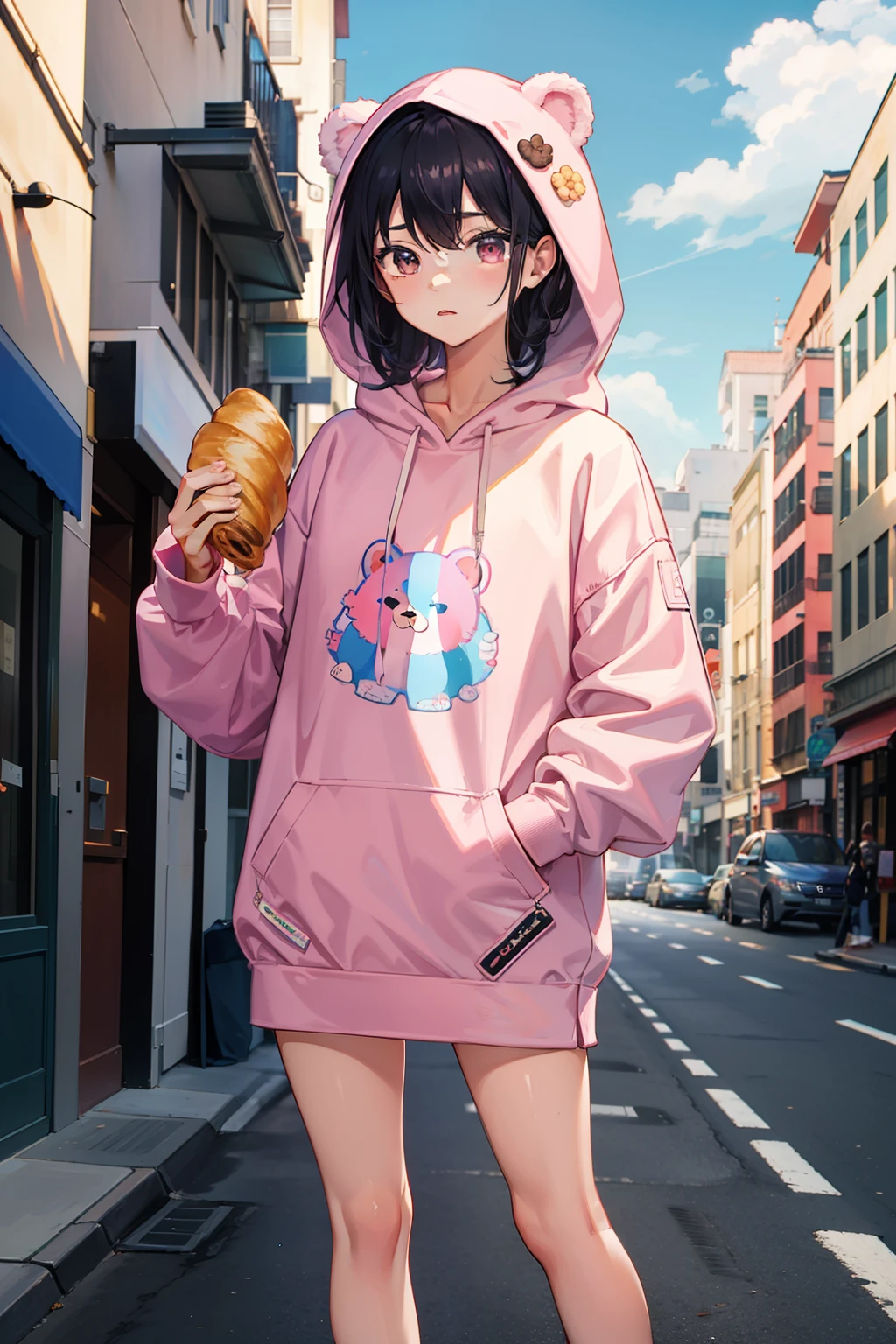 tmasterpiece,super high image quality,独奏,a pregirl,Pink casual hooded sweatshirt(The sweatshirt is printed with a bear motif),smallunderboob,Morning,exteriors,blue-sky,Walk on the sidewalk,Holding a croissant in his right hand,Eat while walking,The morning sun shone on her