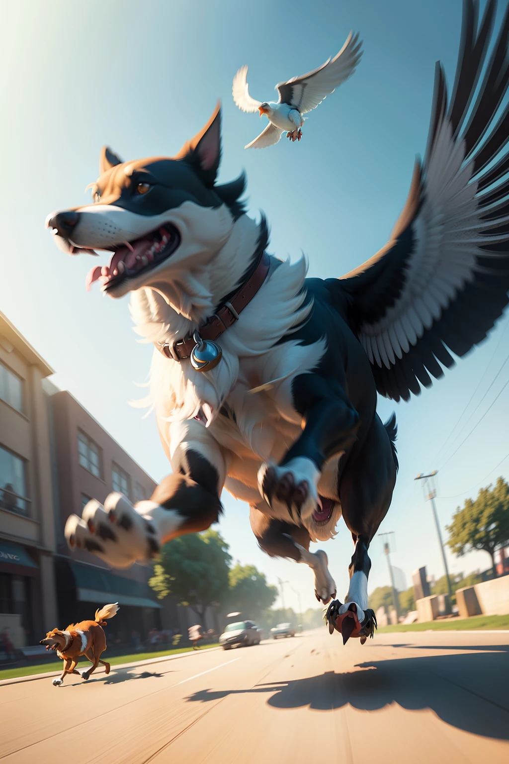 A very dynamic scene. Dog chasing a huge bird, Disney Cartoon Style, 3D model, super realistic, Cinematic. Motion-blurred background. Light haze.