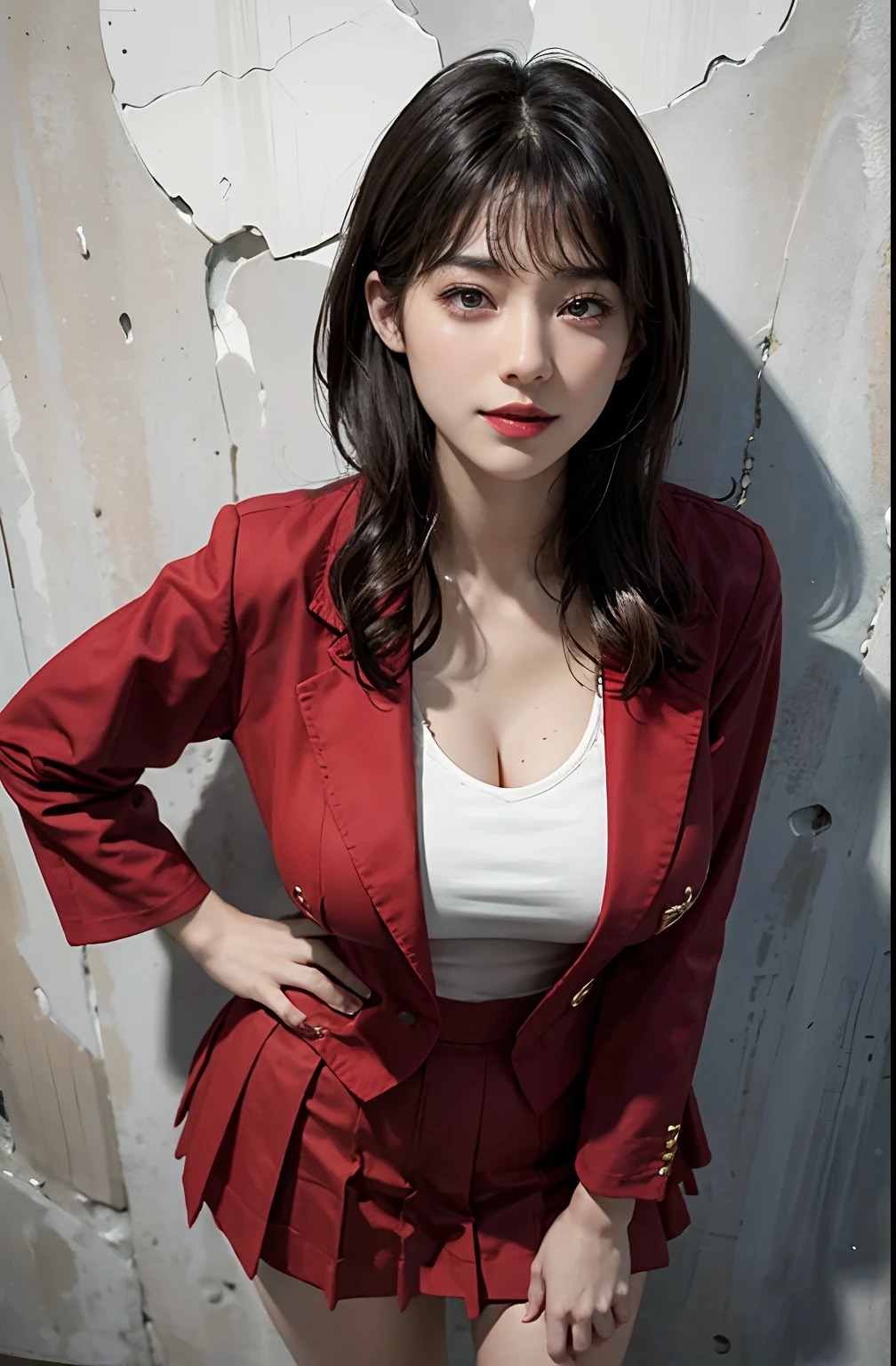 (A hyper-realistic), (illustratio), (hight resolution), (8K), (ighly detailed), (The best illustrations), (beatiful detailed eyes), (top-quality), (ultra-detailliert), (​masterpiece), (wall-paper), (detailed face), droopy eyes,full of sweat, full body, long legs,Armpit,short-hair,inner colored,solo, big , , japanes, Colossal 、A smile, wearing red blazer, red short skirt, office uniform, Tokyo street