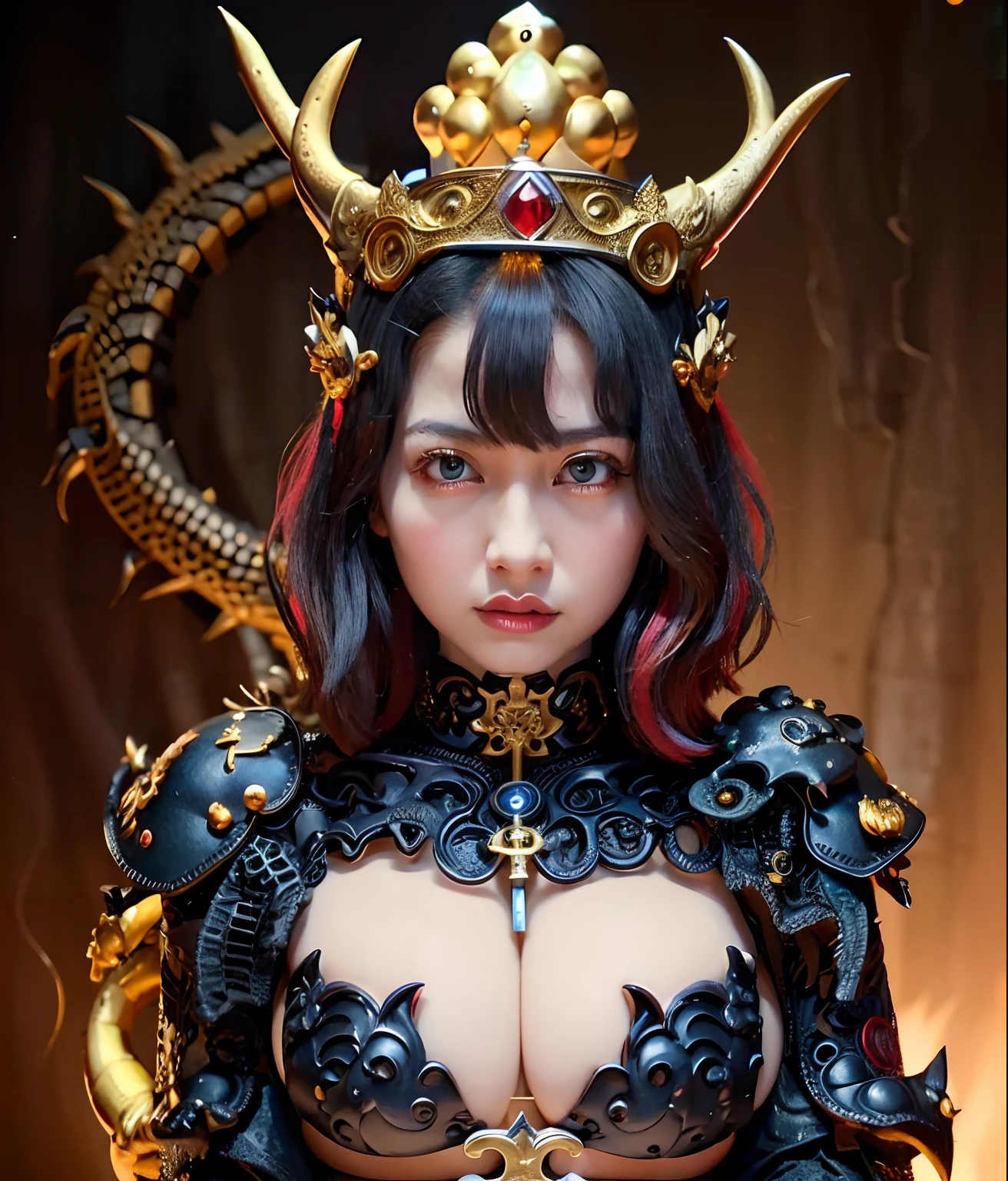 Professional , masterpiece、top-quality、photos realistic , depth of fields (Gemstone Black Metal Body:1.9),(Enamel Black、(cleavage of the breast)、(Chinese Dragon)、Dragon Gold Weapon(Dragon Metal Body:1.4),Gorgeous gold weapons ,(( Dragon's dense and gorgeous sword)) , 、blood splashing、 ,warhammer 40k , adepta sororitas,Detail and gorgeous crown、((Brown hair))、(The dragon)、(Castle background)、The dragon、((Gangle's forest background))、Beautiful Caucasian beauty、(1a person)、dynamic ungle,(((Detailed and ornate Black Devil Crown)))、Smaller head、A smile、Castle background、Thin and beautiful female hands、cleavage of the breast、Mystical expression、Light Effects、Wind-effect、magic circles、With the legendary magic wand、(demonic wings)、Toostock、